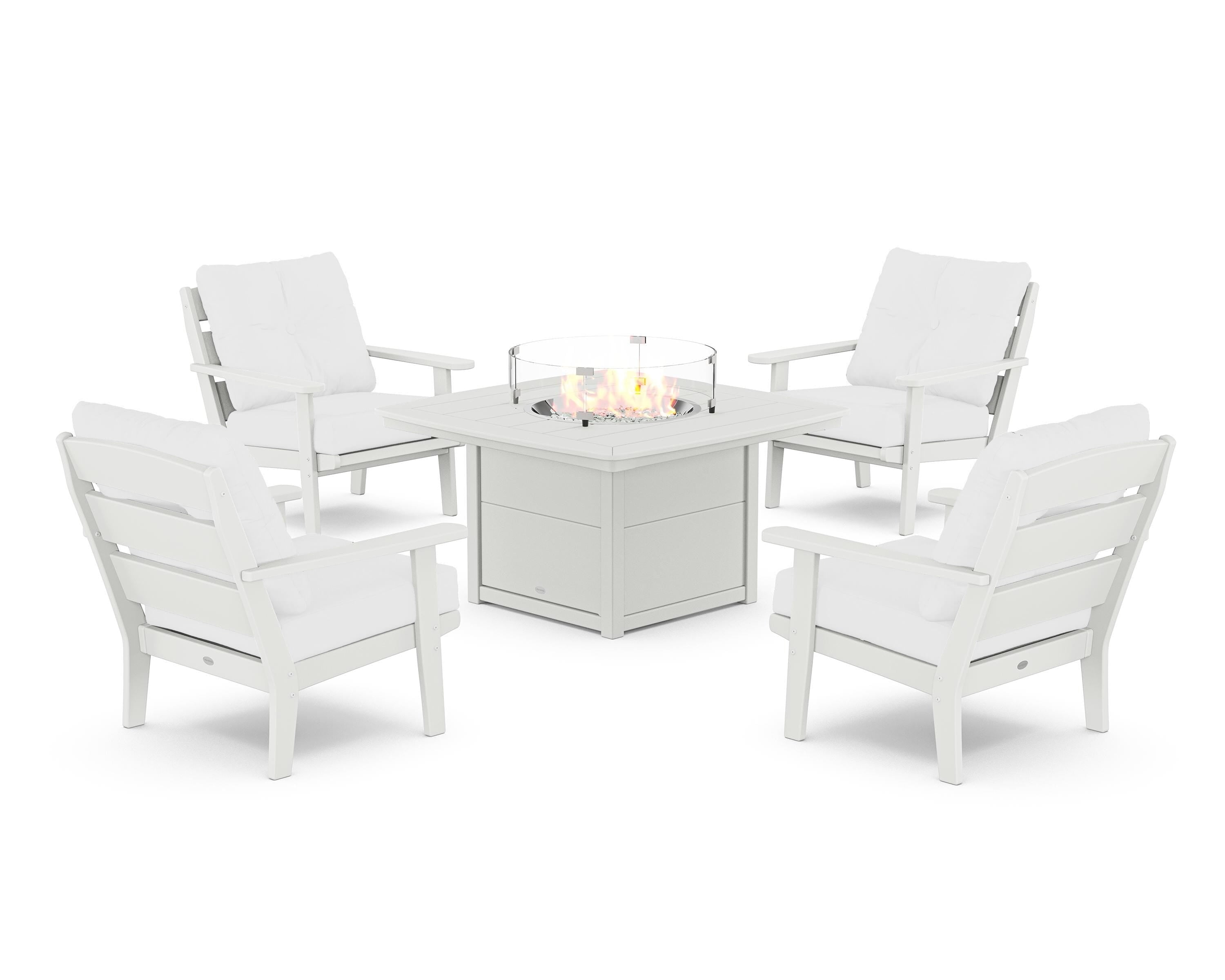 POLYWOOD® Lakeside 5-Piece Deep Seating Set with Nautical Fire Pit Table in White / Natural