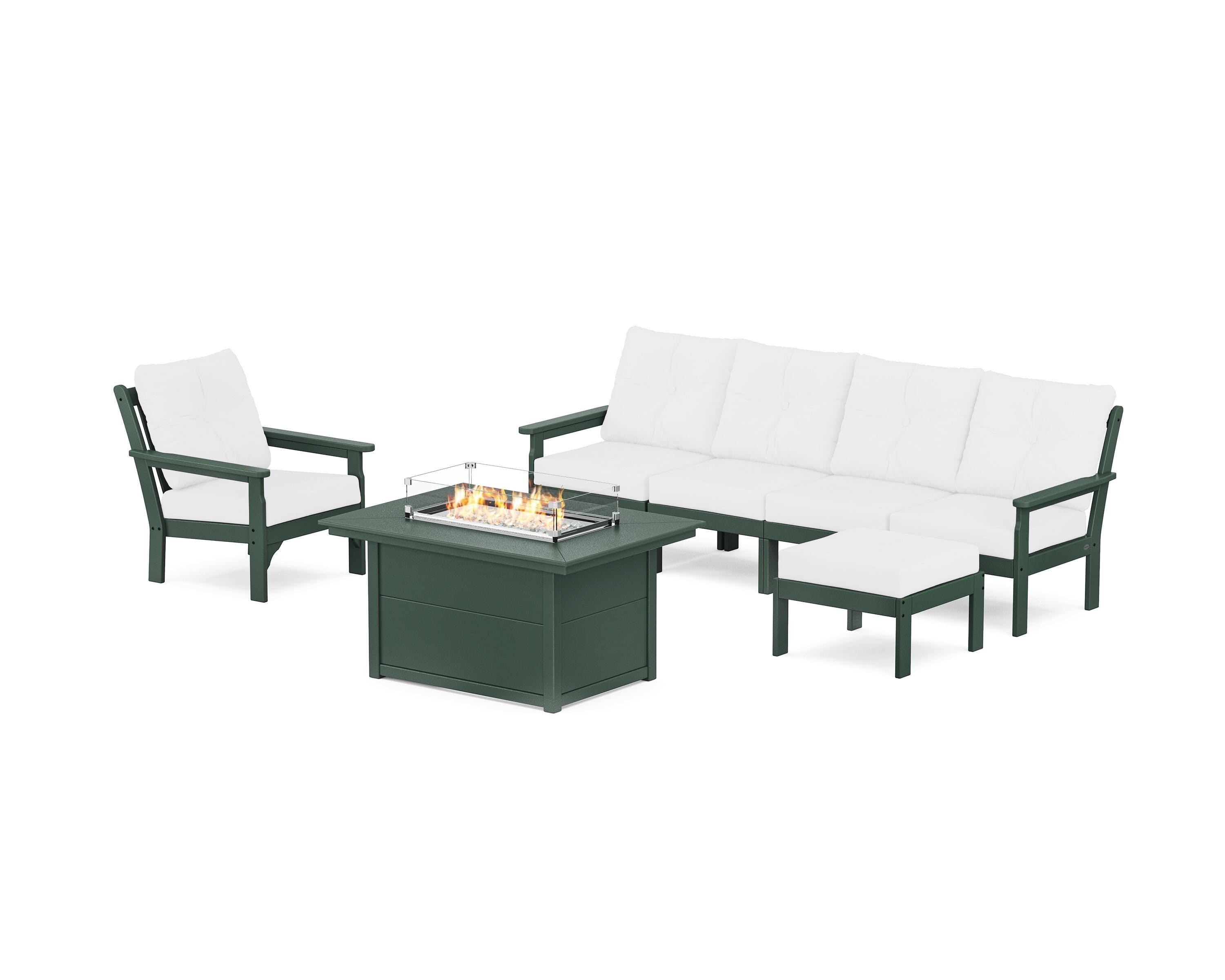 POLYWOOD® Vineyard Sectional Lounge and Fire Pit Set in Green / Natural