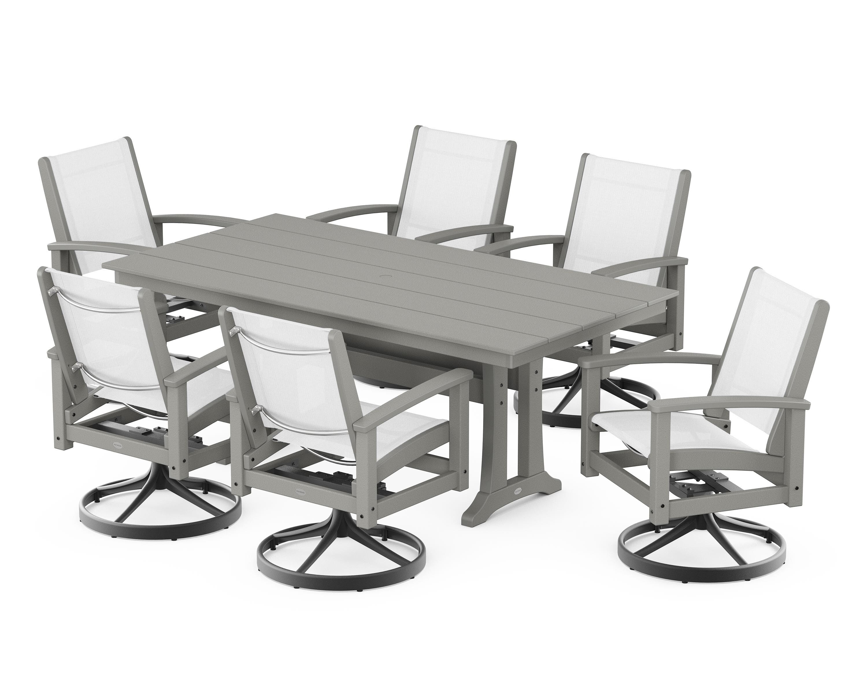 POLYWOOD® 7 Piece Coastal Swivel Rocker Dining Set in Textured Black / Slate Grey / White Sling