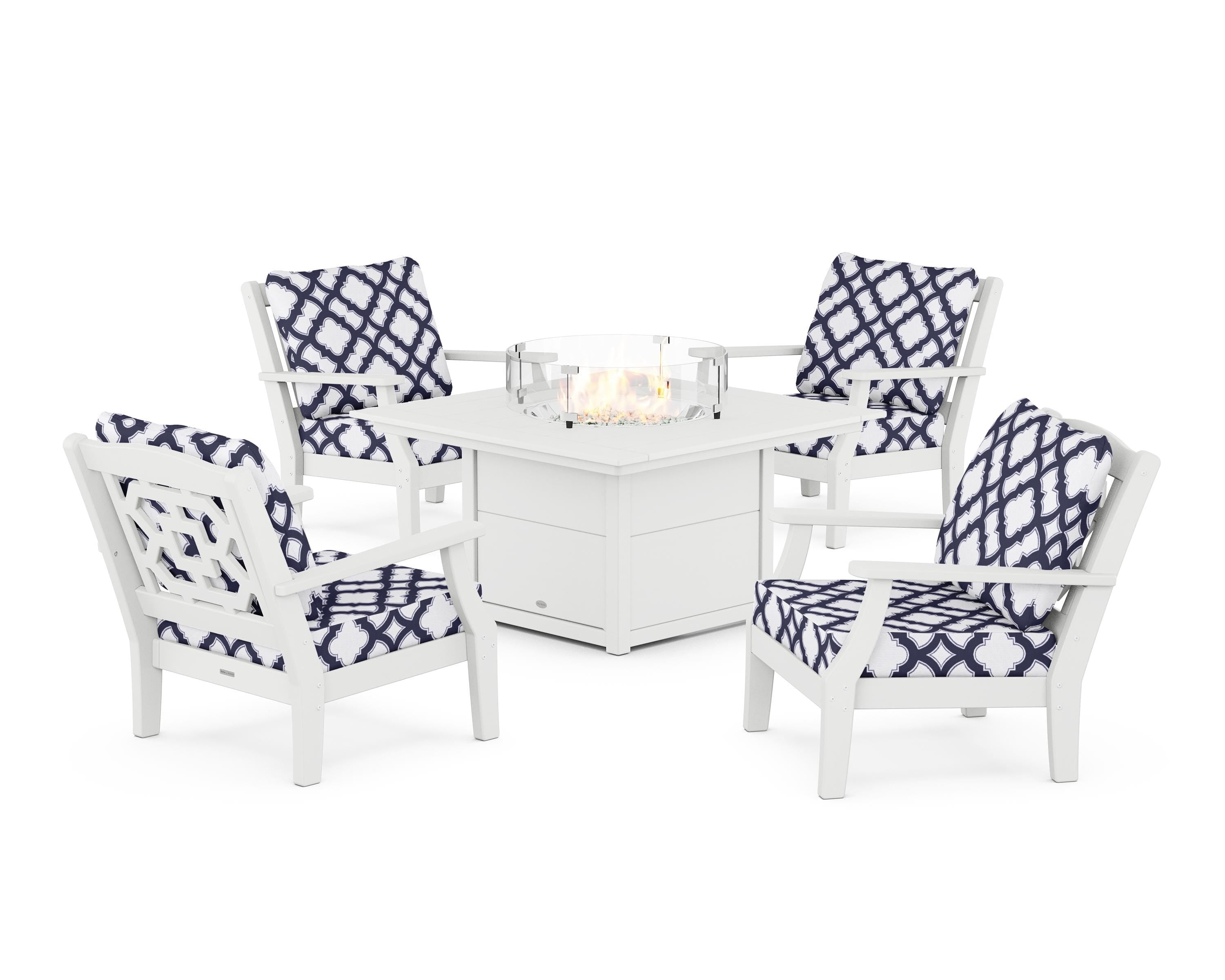 Martha Stewart by POLYWOOD® Chinoiserie 5-Piece Deep Seating Set with Fire Pit Table in White / Trellis Navy