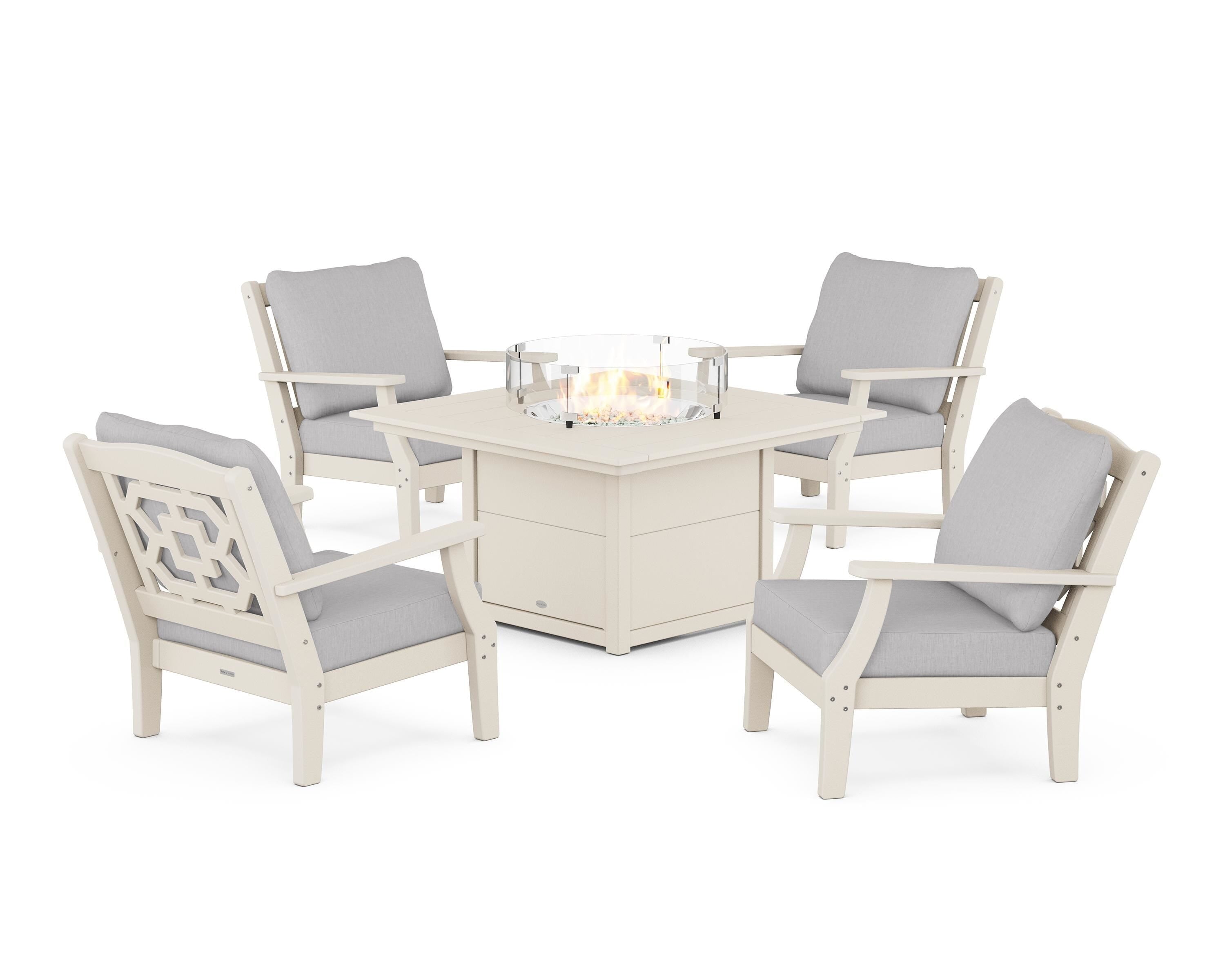 Martha Stewart by POLYWOOD® Chinoiserie 5-Piece Deep Seating Set with Fire Pit Table in Sand / Granite