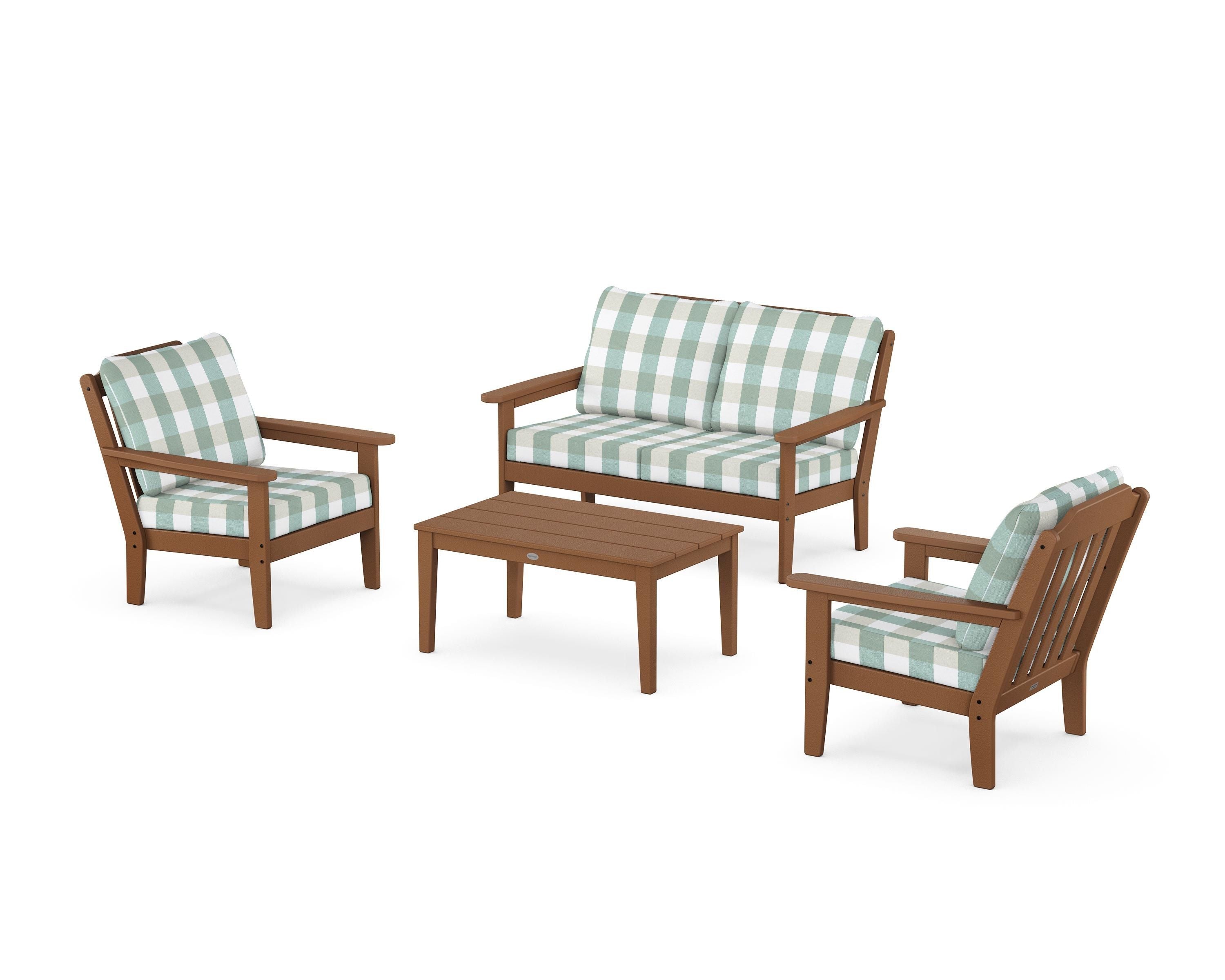 Country Living Cottage 4-Piece Deep Seating Set with Loveseat in Teak / Buffalo Plaid Glacier Spa