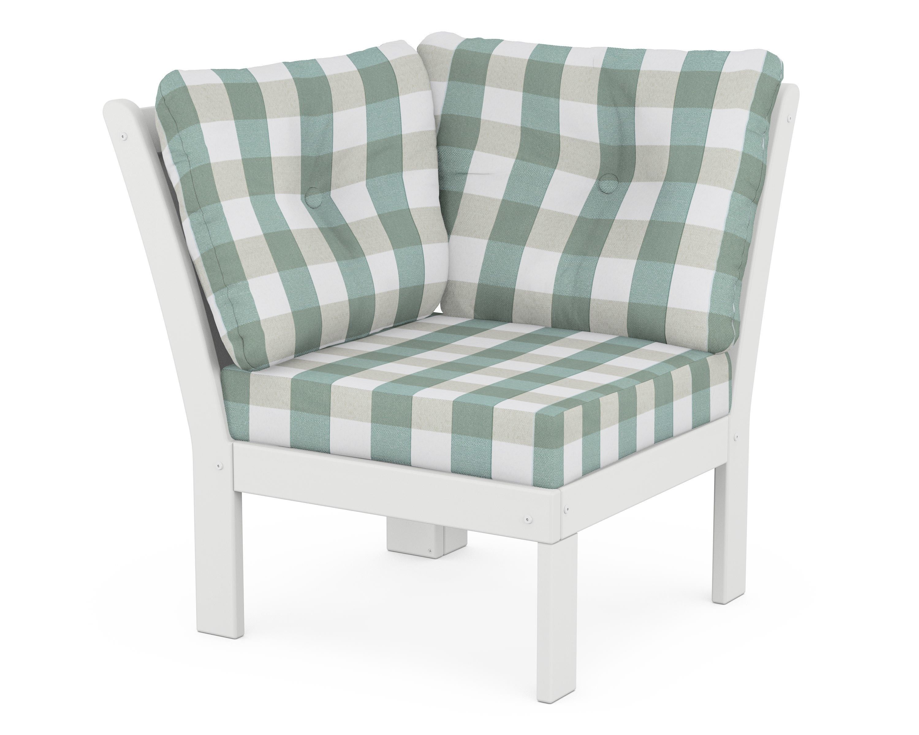 POLYWOOD® Vineyard Modular Corner Chair in White / Buffalo Plaid Glacier Spa