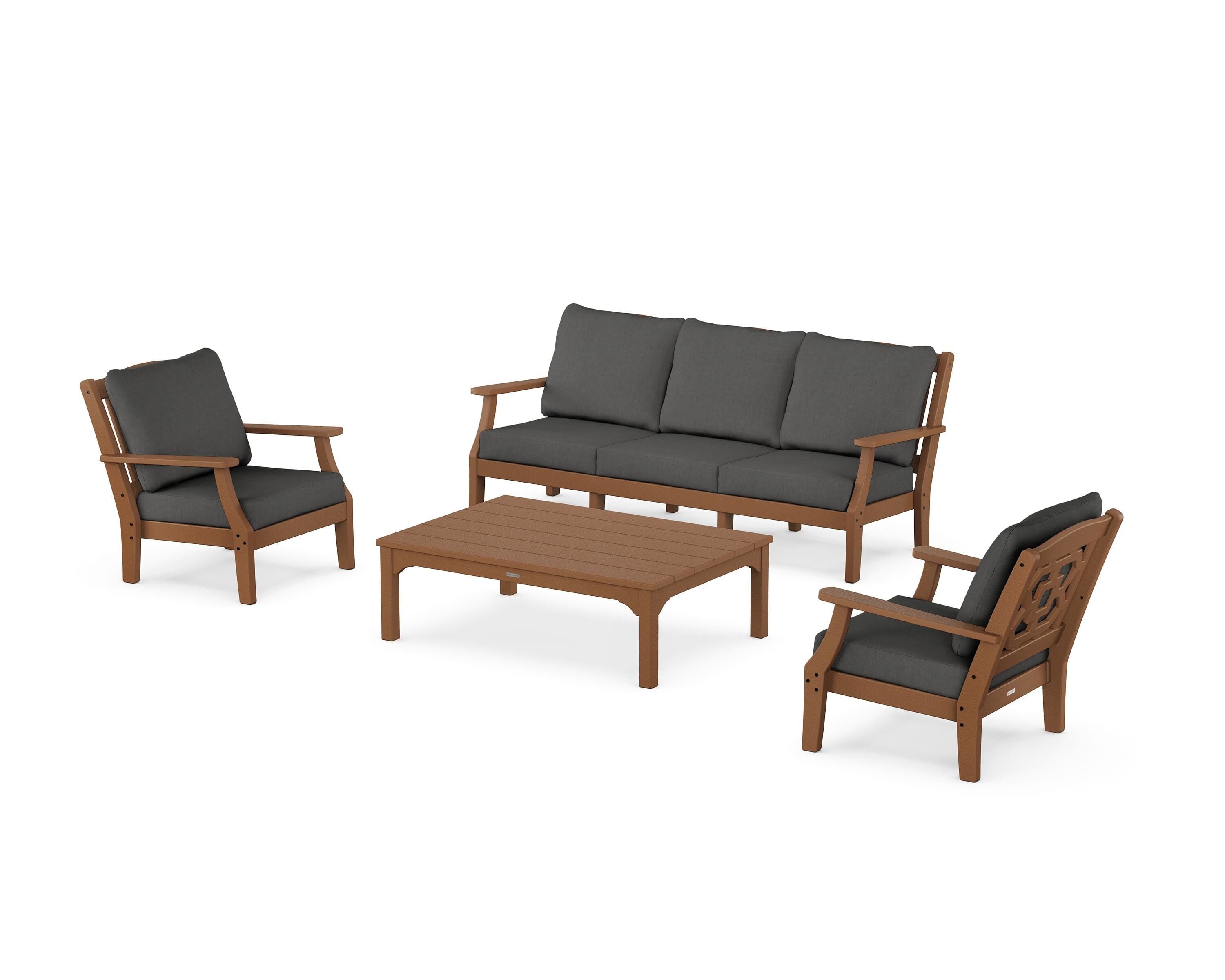 Martha Stewart by POLYWOOD® Chinoiserie 4-Piece Deep Seating Set with Sofa in Teak / Spectrum Carbon