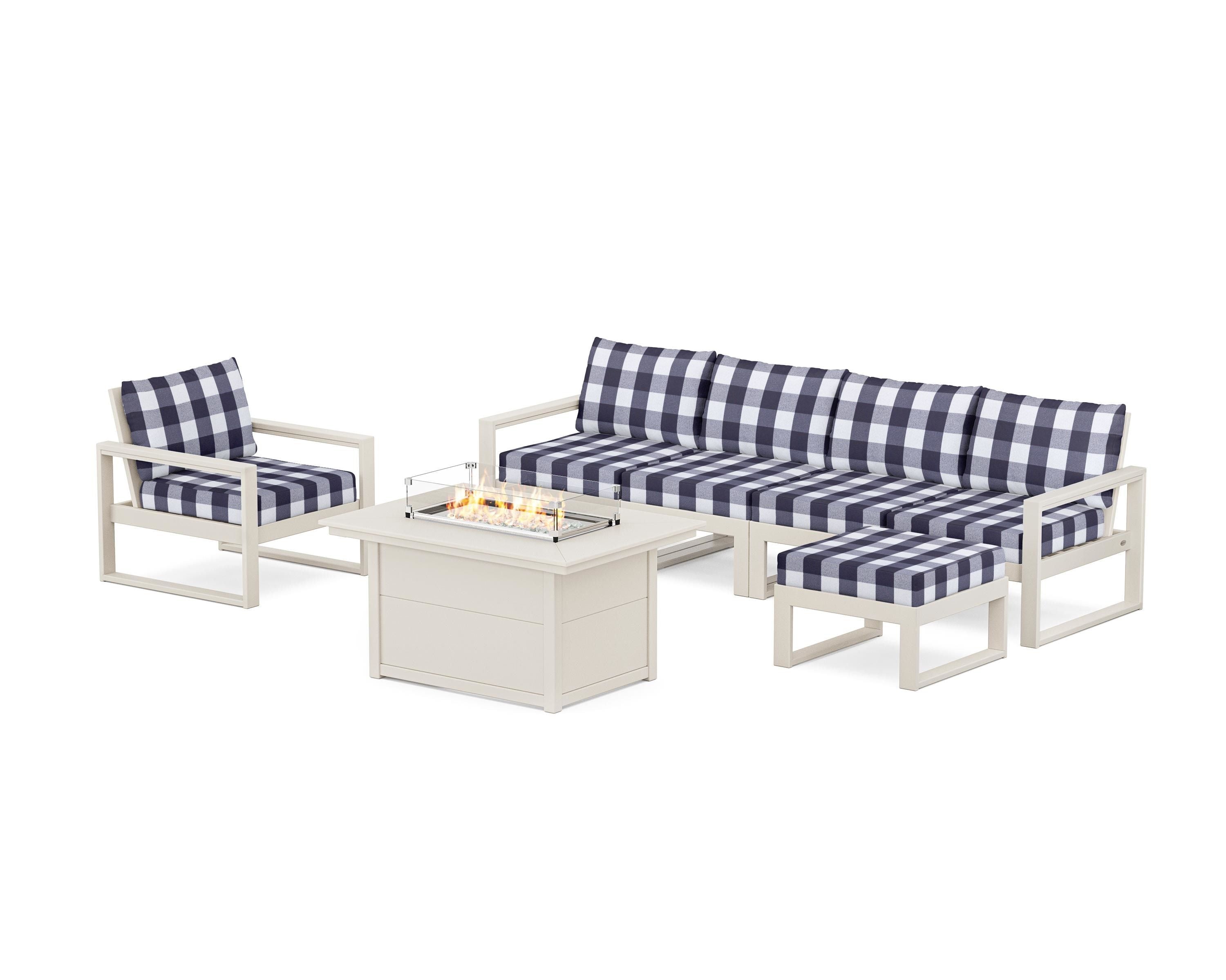 POLYWOOD® EDGE Sectional Lounge and Fire Pit Set in Sand / Buffalo Plaid Navy