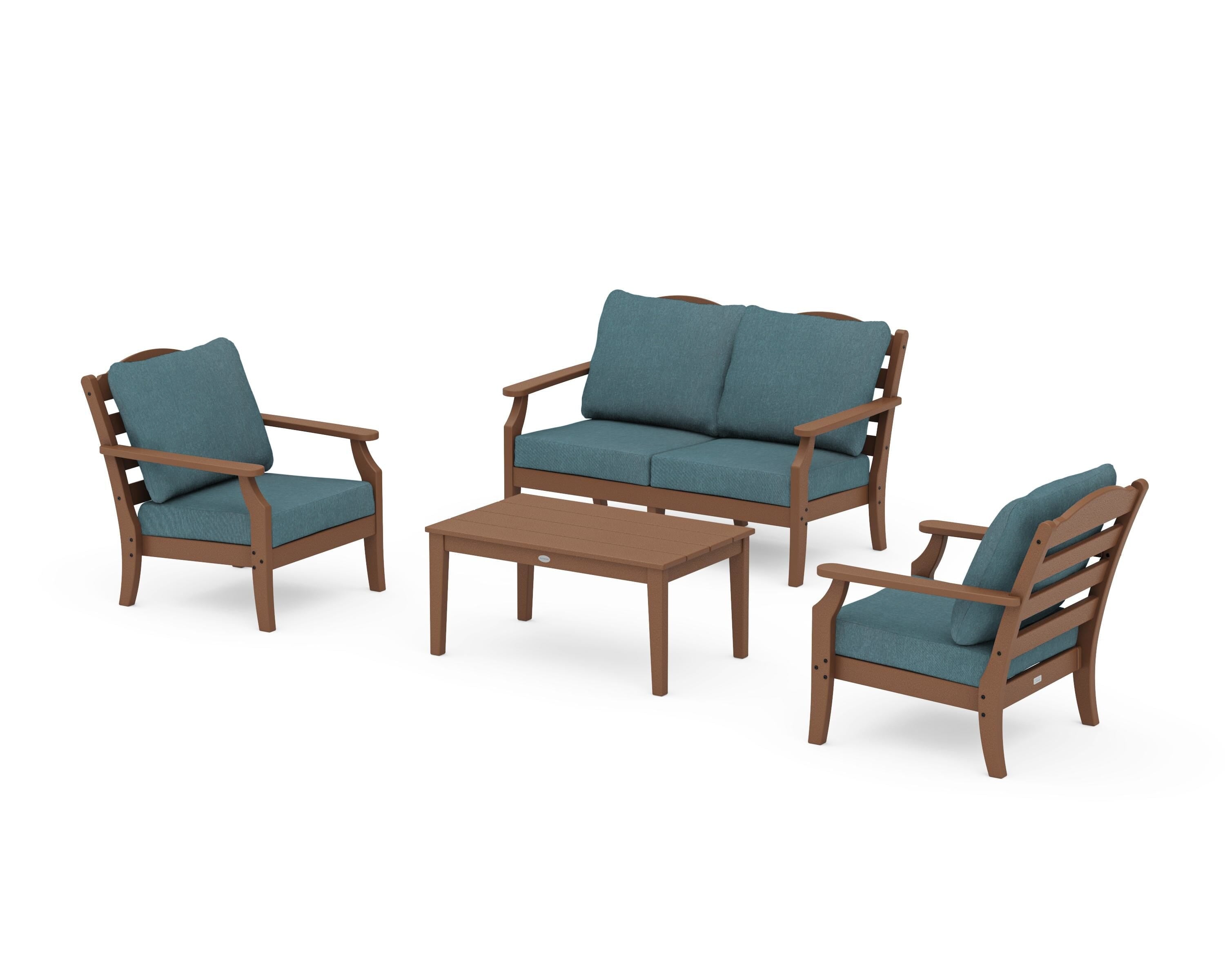 Draper James™ by POLYWOOD® Savannah 4-Piece Deep Seating Set with Loveseat in Teak / Ocean Teal