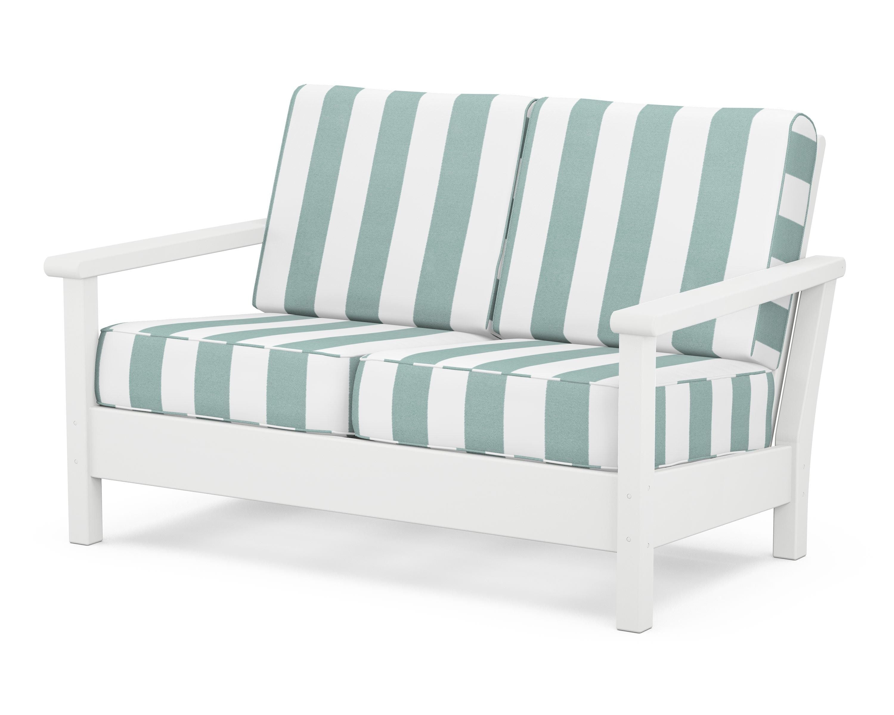 POLYWOOD® Harbour Deep Seating Loveseat in White / Cabana Stripe Glacier Spa