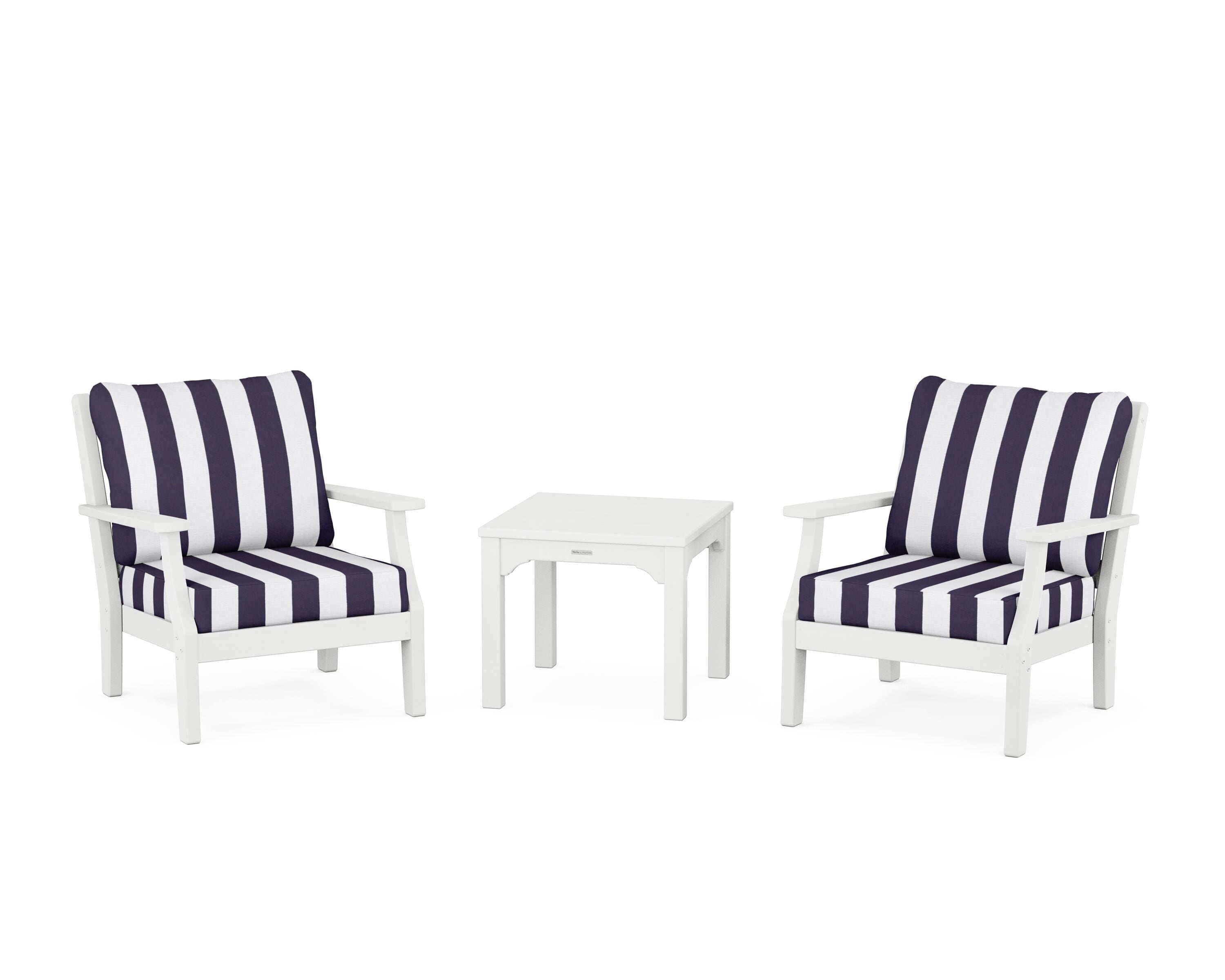Martha Stewart by POLYWOOD® Chinoiserie 3-Piece Deep Seating Set in White / Cabana Stripe Navy