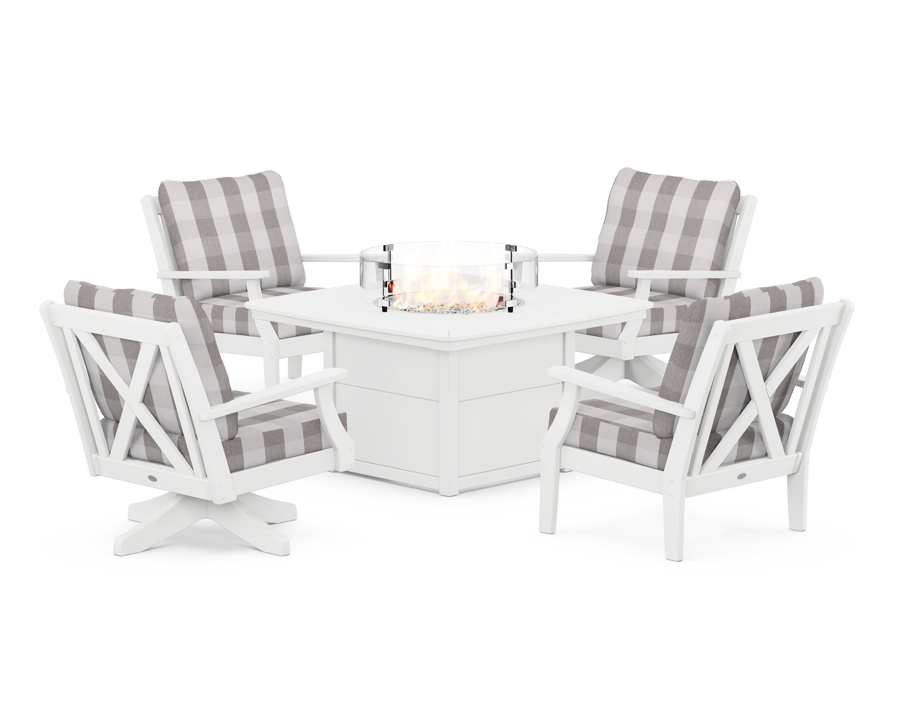 POLYWOOD® Braxton 5-Piece Deep Seating Set with Fire Table in White / Buffalo Plaid Grey Mist