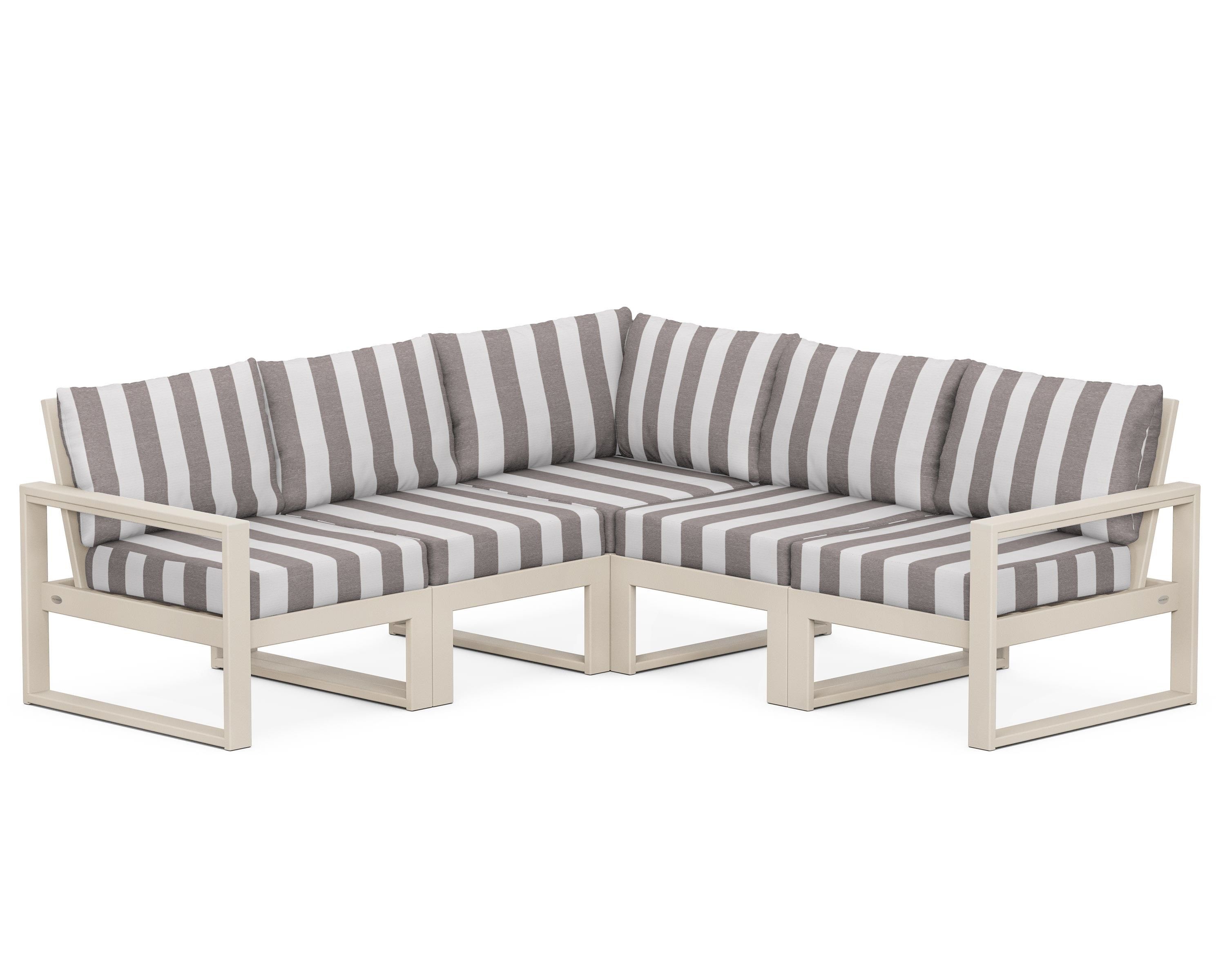 POLYWOOD® EDGE 5-Piece Modular Deep Seating Set in Sand / Cabana Stripe Grey Mist