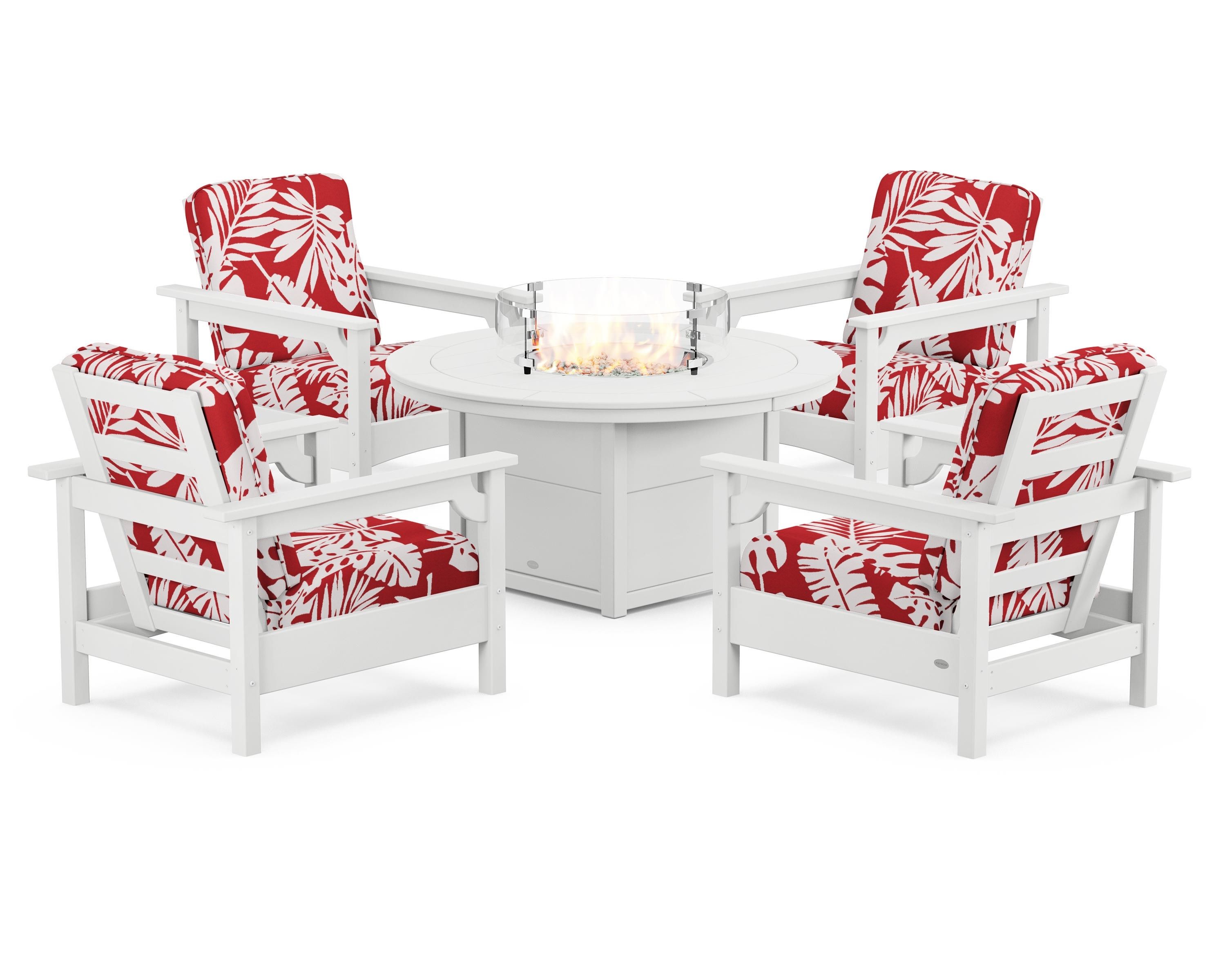 POLYWOOD® Club 5-Piece Conversation Set with Fire Pit Table in White / Leaf Crimson