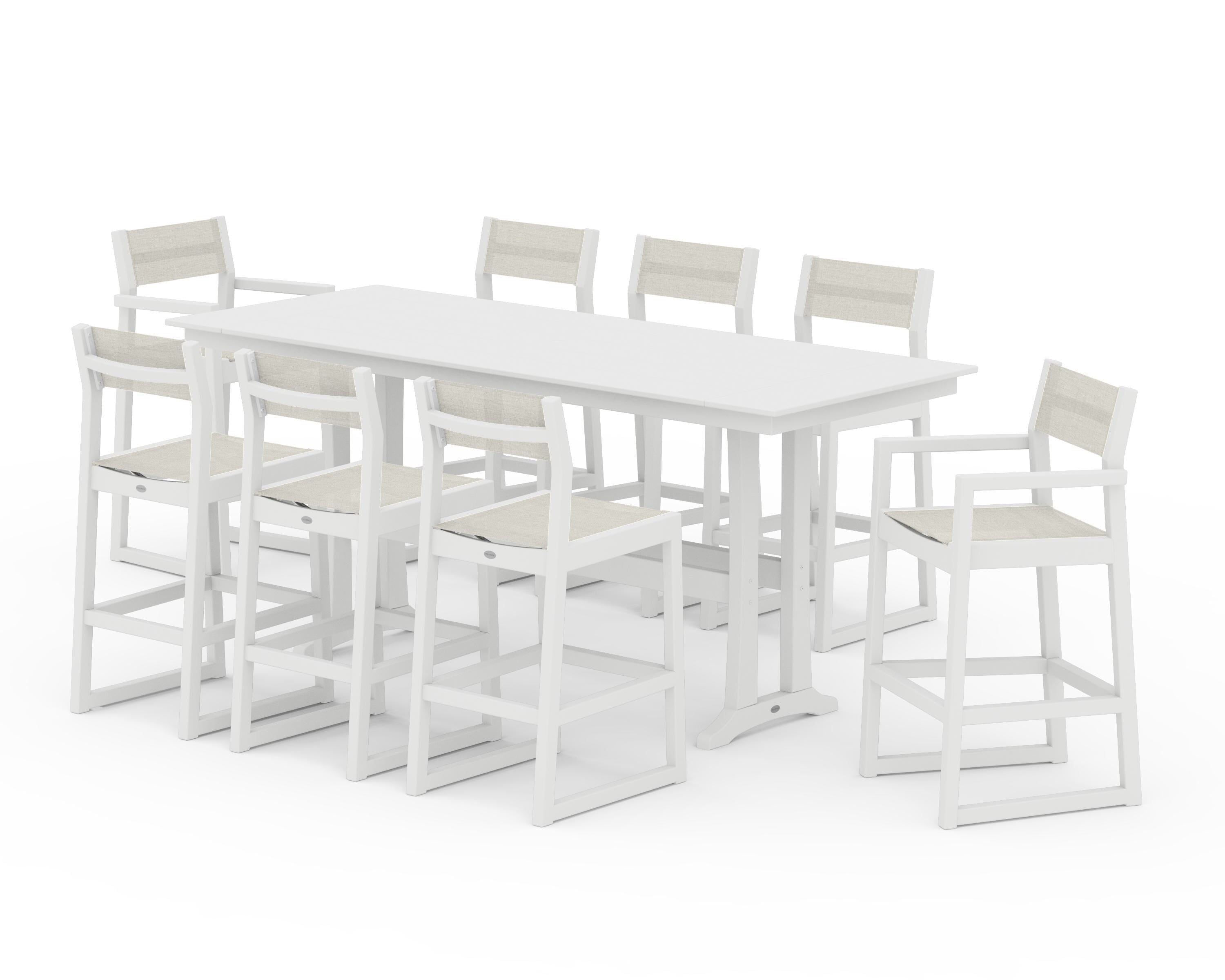 POLYWOOD® EDGE Sling 9-Piece Farmhouse Bar Set with Trestle Legs in White / Parchment Sling