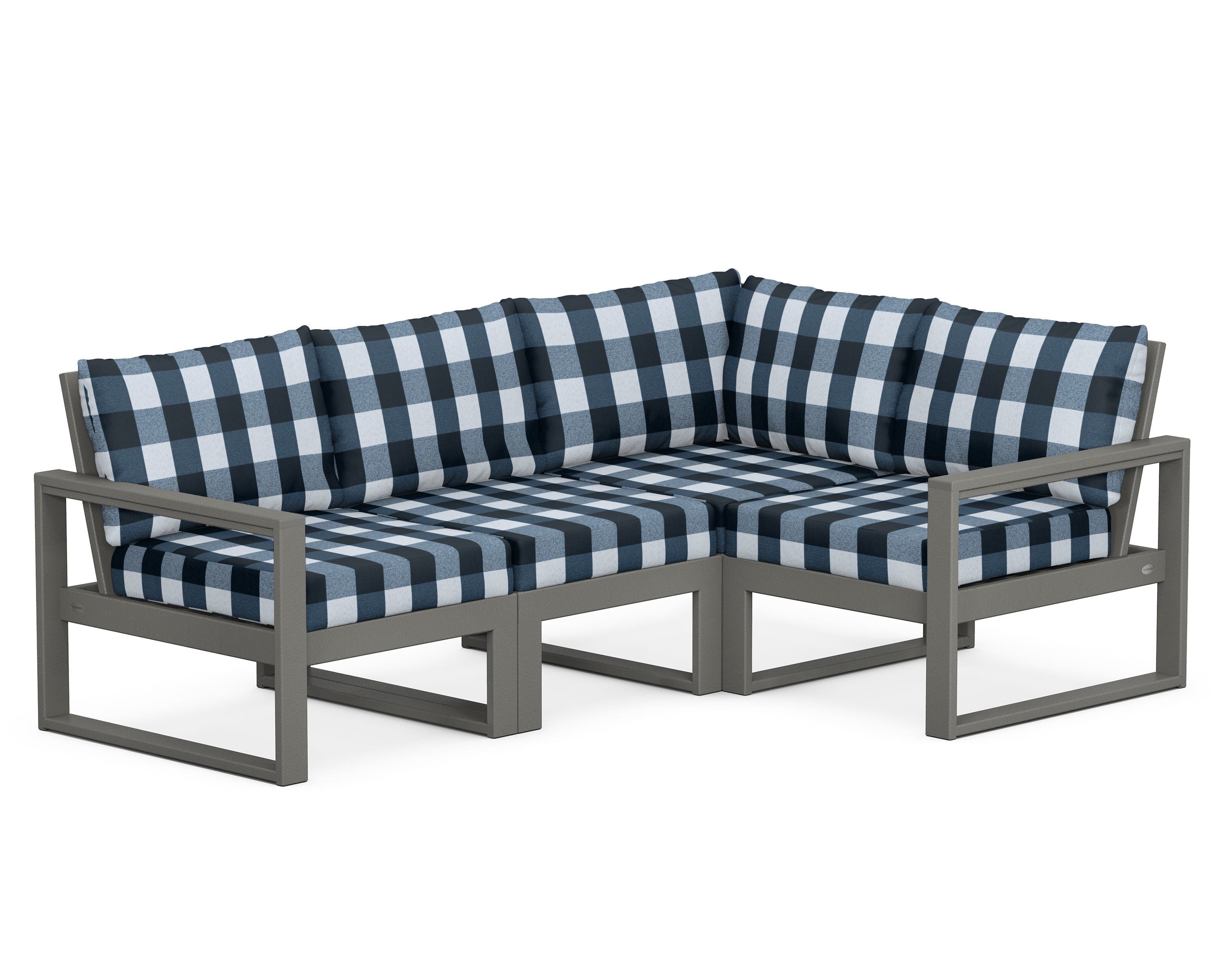 POLYWOOD® EDGE 4-Piece Modular Deep Seating Set in Slate Grey / Buffalo Plaid Marine Indigo