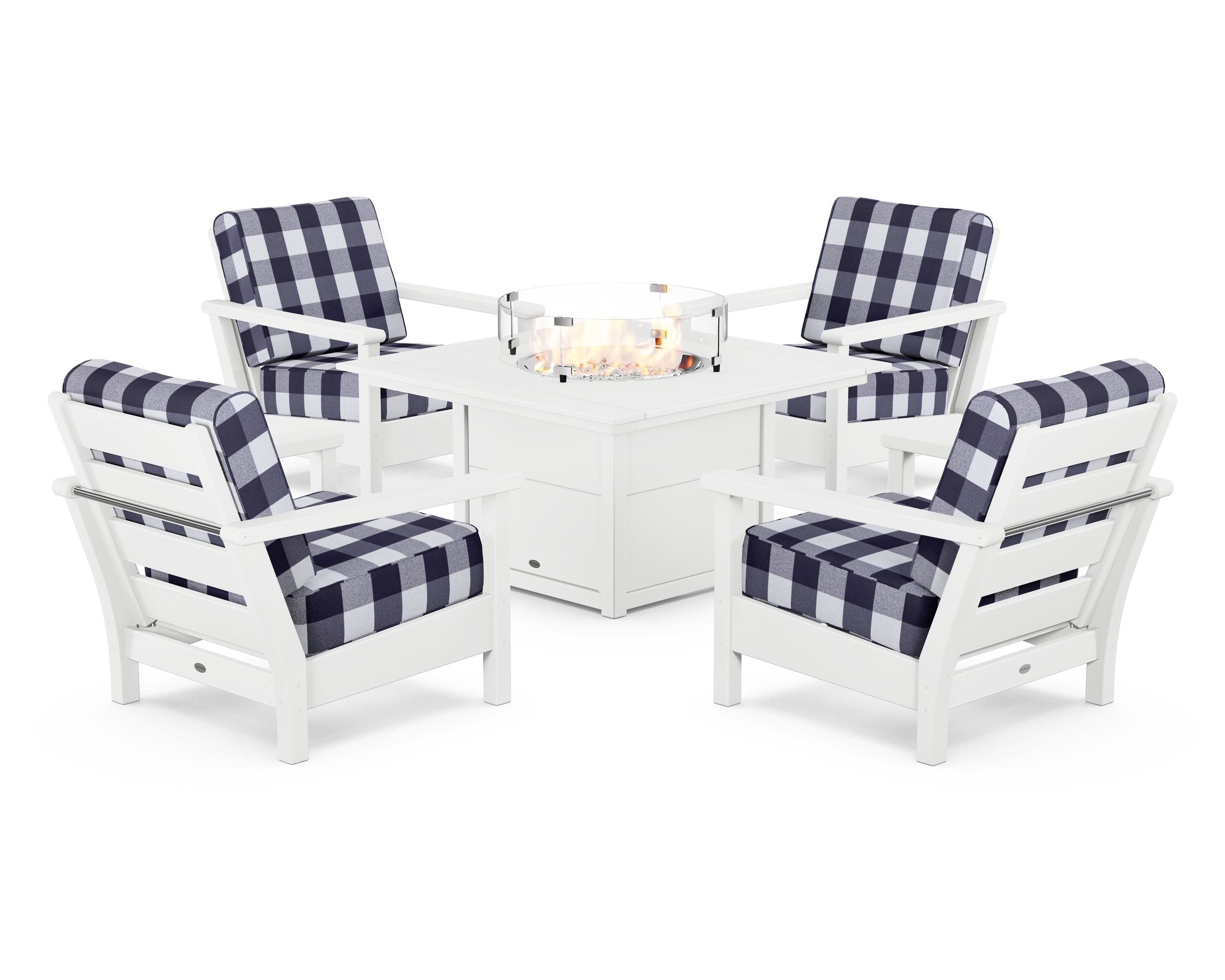 POLYWOOD® Harbour 5-Piece Conversation Set with Fire Pit Table in White / Buffalo Plaid Navy