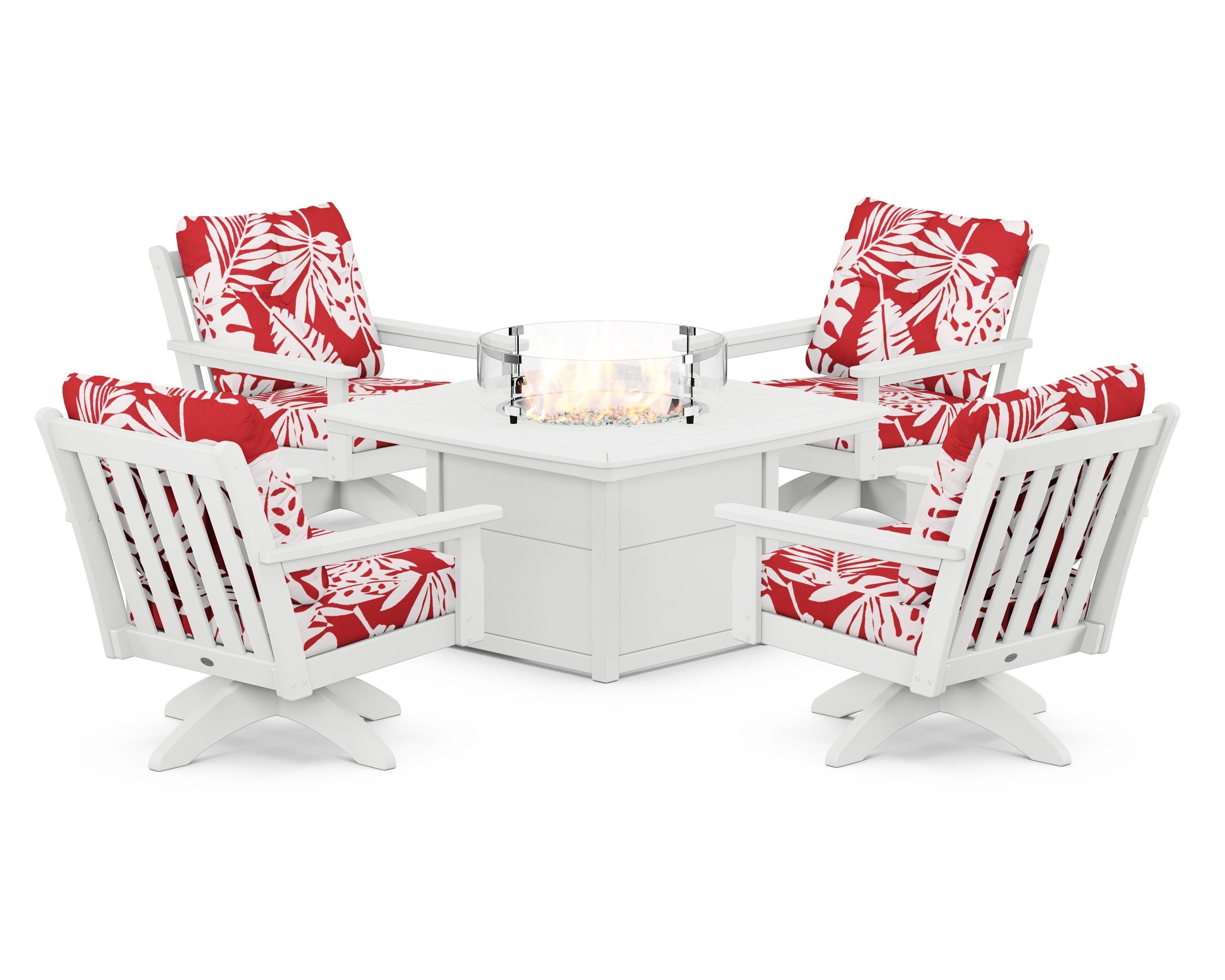 POLYWOOD® Vineyard 5-Piece Deep Seating Swivel Conversation Set with Fire Pit Table in White / Leaf Crimson