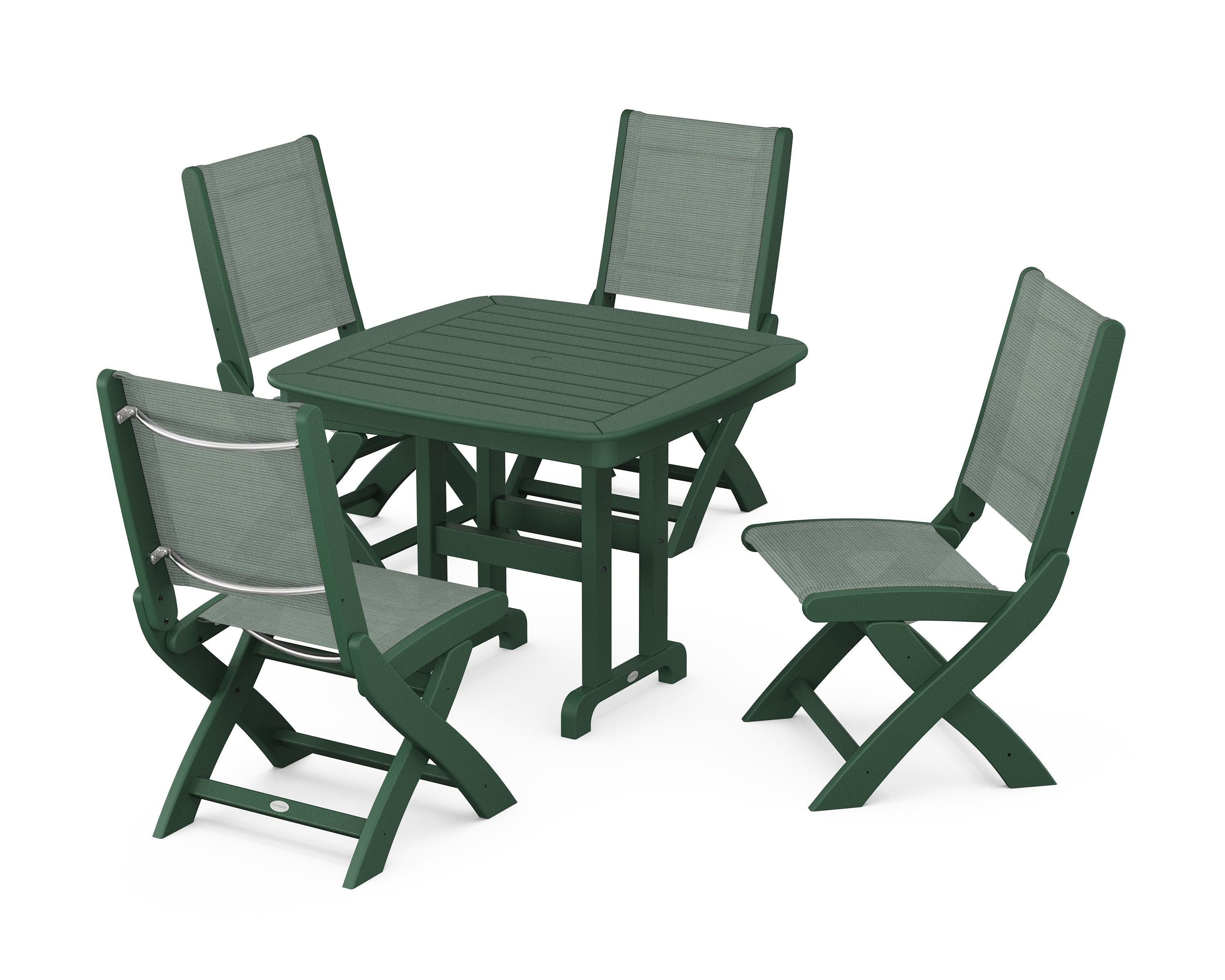 POLYWOOD® Coastal Folding Side Chair 5-Piece Dining Set in Green / Dupioni Sea Mist Sling