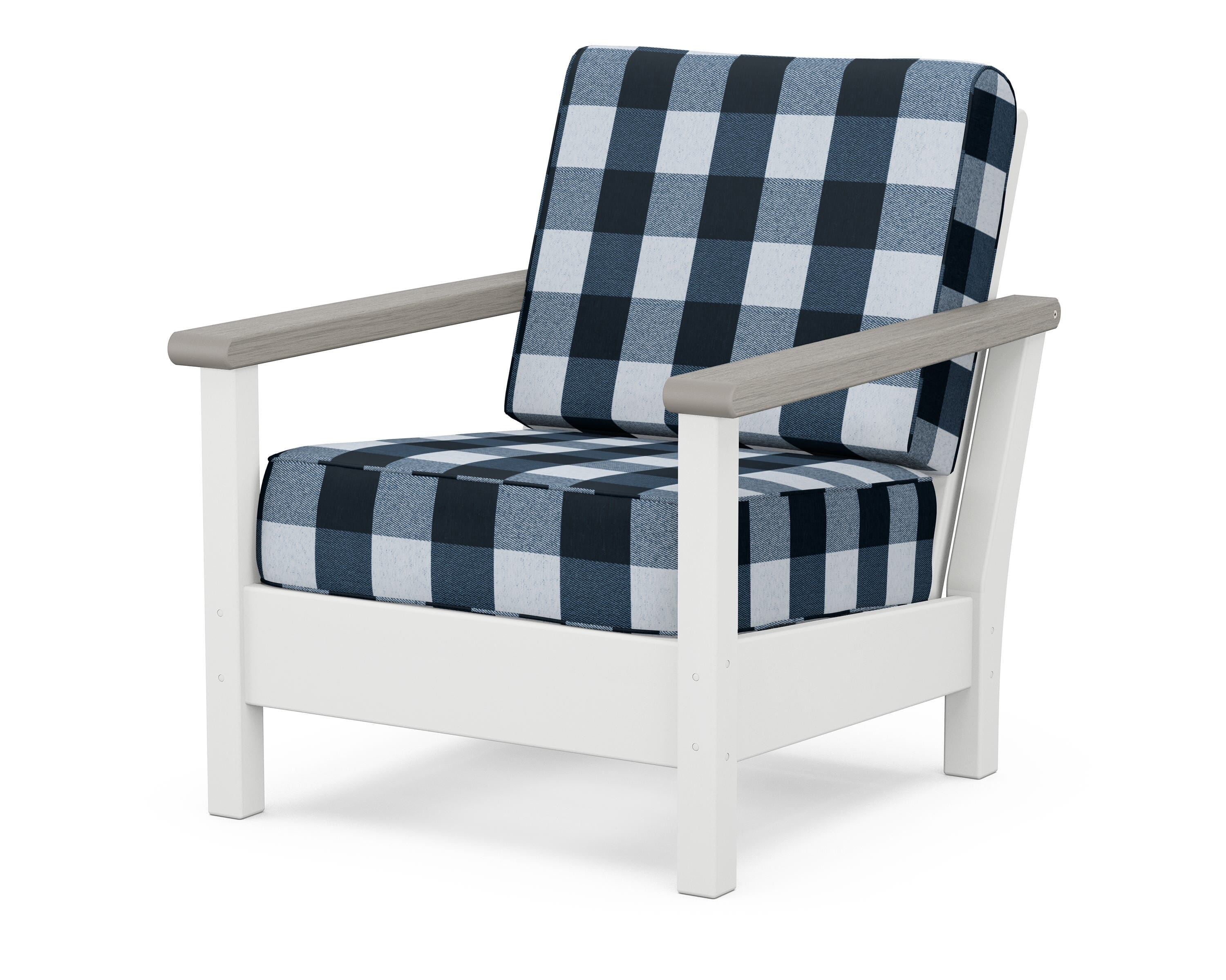 POLYWOOD® Harbour Deep Seating Chair in White / Driftwood / Buffalo Plaid Marine Indigo