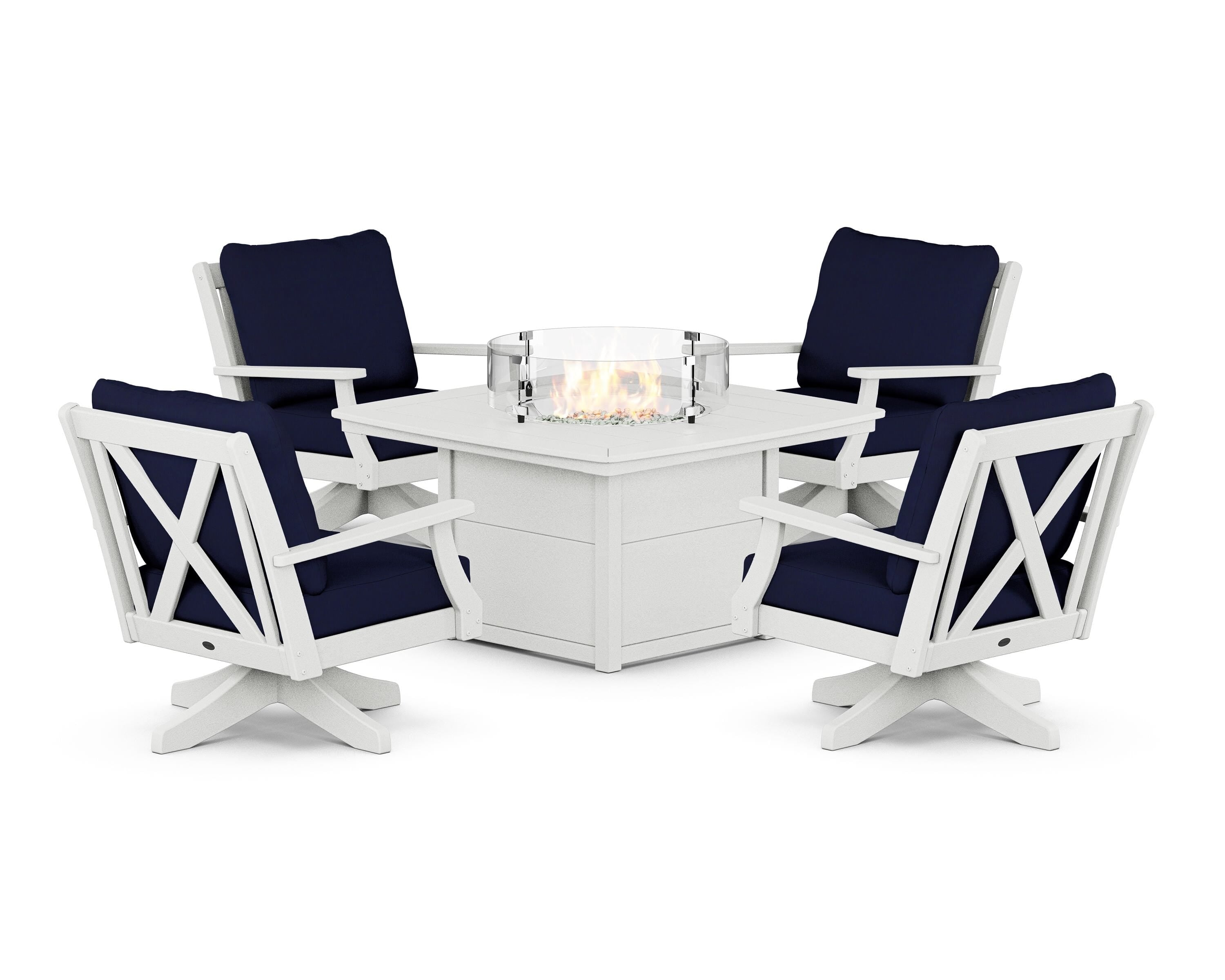 POLYWOOD® Braxton 5-Piece Deep Seating Swivel Conversation Set with Fire Pit Table in Vintage White / Navy