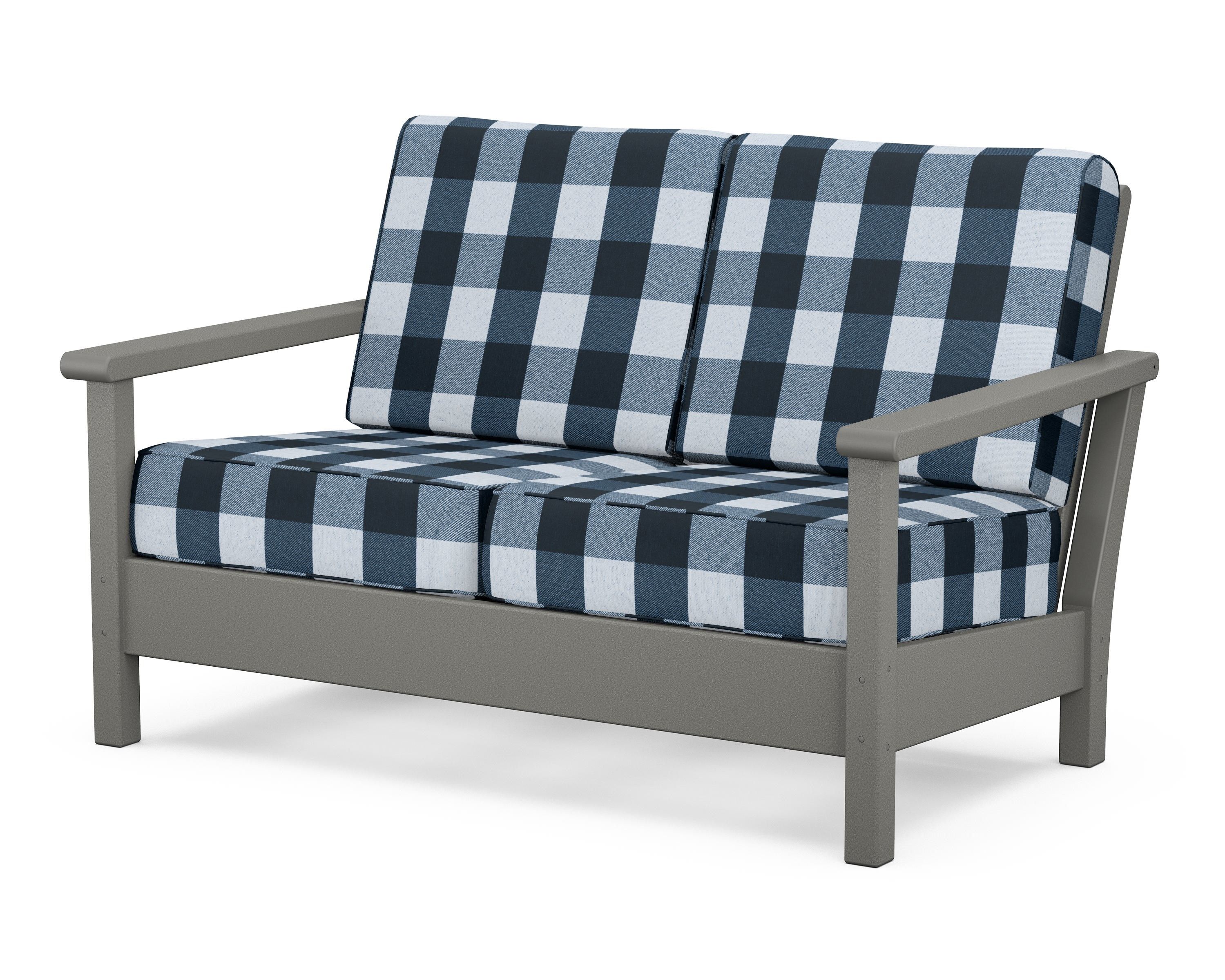 POLYWOOD® Harbour Deep Seating Loveseat in Slate Grey / Buffalo Plaid Marine Indigo