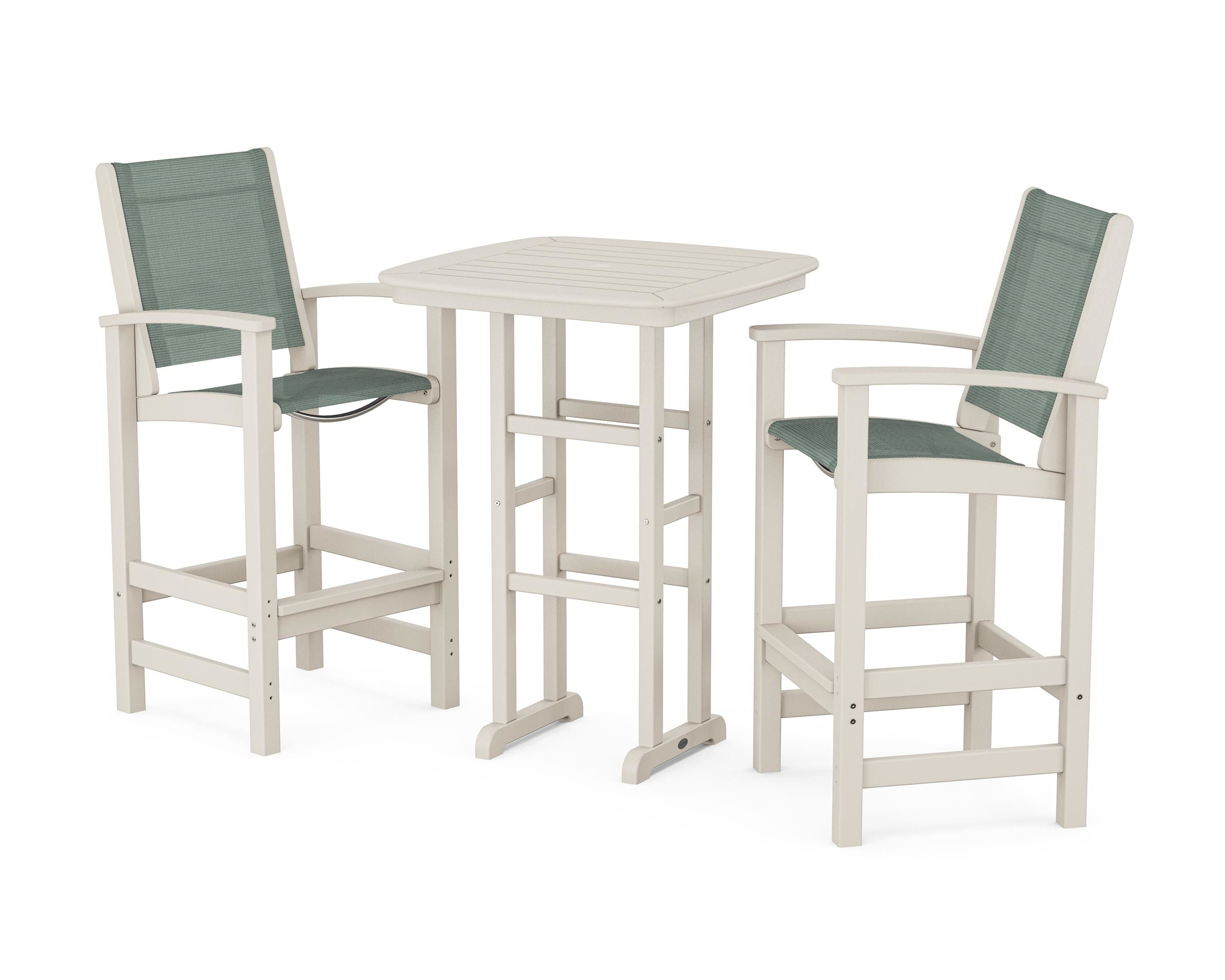 POLYWOOD® Coastal 3-Piece Bar Set in Sand / Dupioni Sea Mist Sling