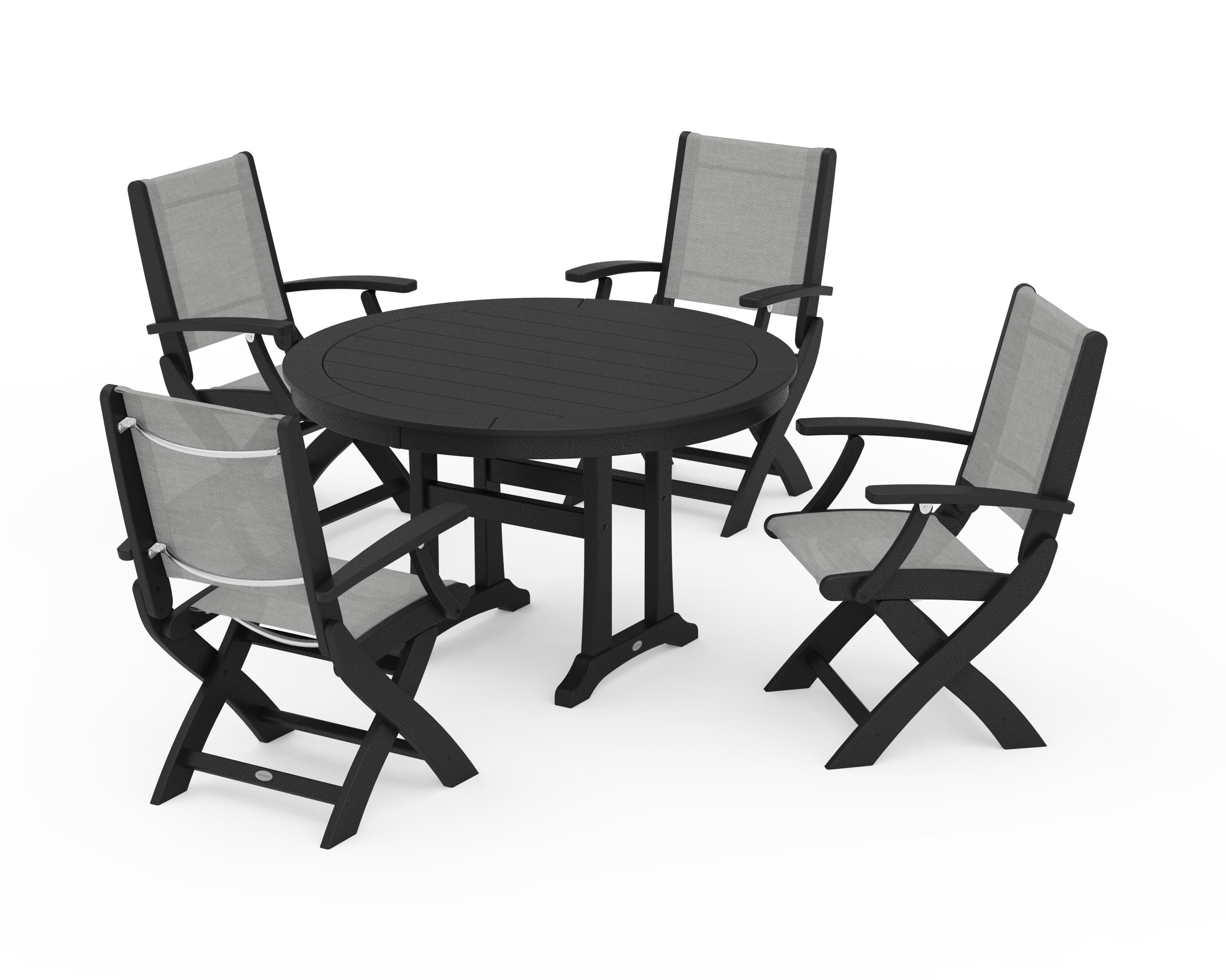 POLYWOOD® Coastal Folding Chair 5-Piece Round Dining Set with Trestle Legs in Black / Metallic Sling