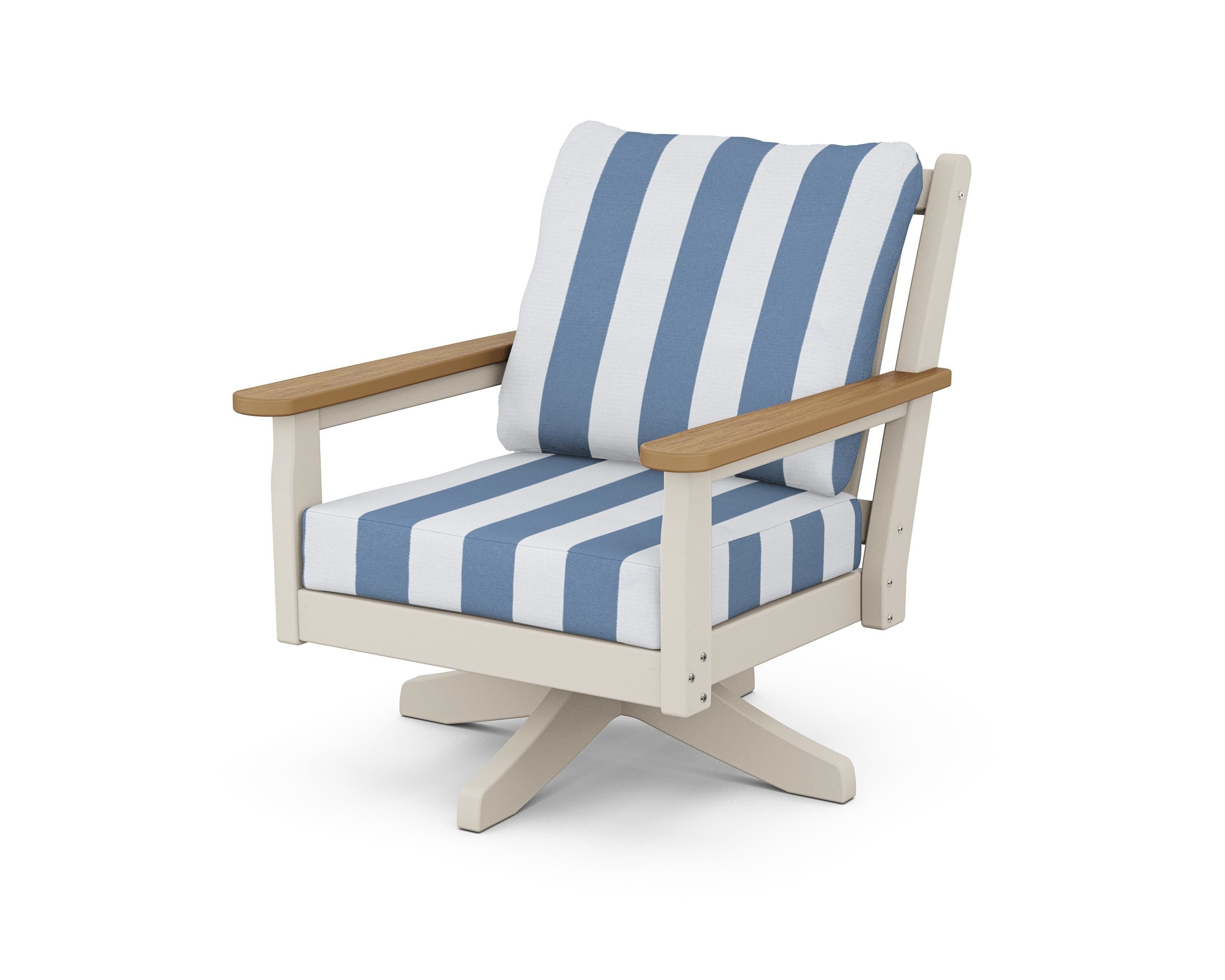 POLYWOOD® Chippendale Deep Seating Swivel Chair in Sand / Natural / Cabana Stripe Sky Blue