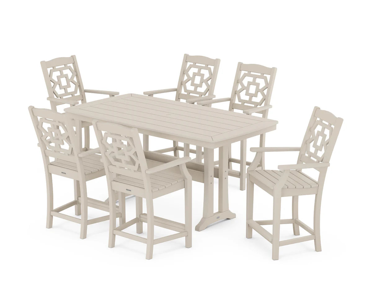 Chinoiserie Arm Chair 7-Piece Counter Set with Trestle Legs