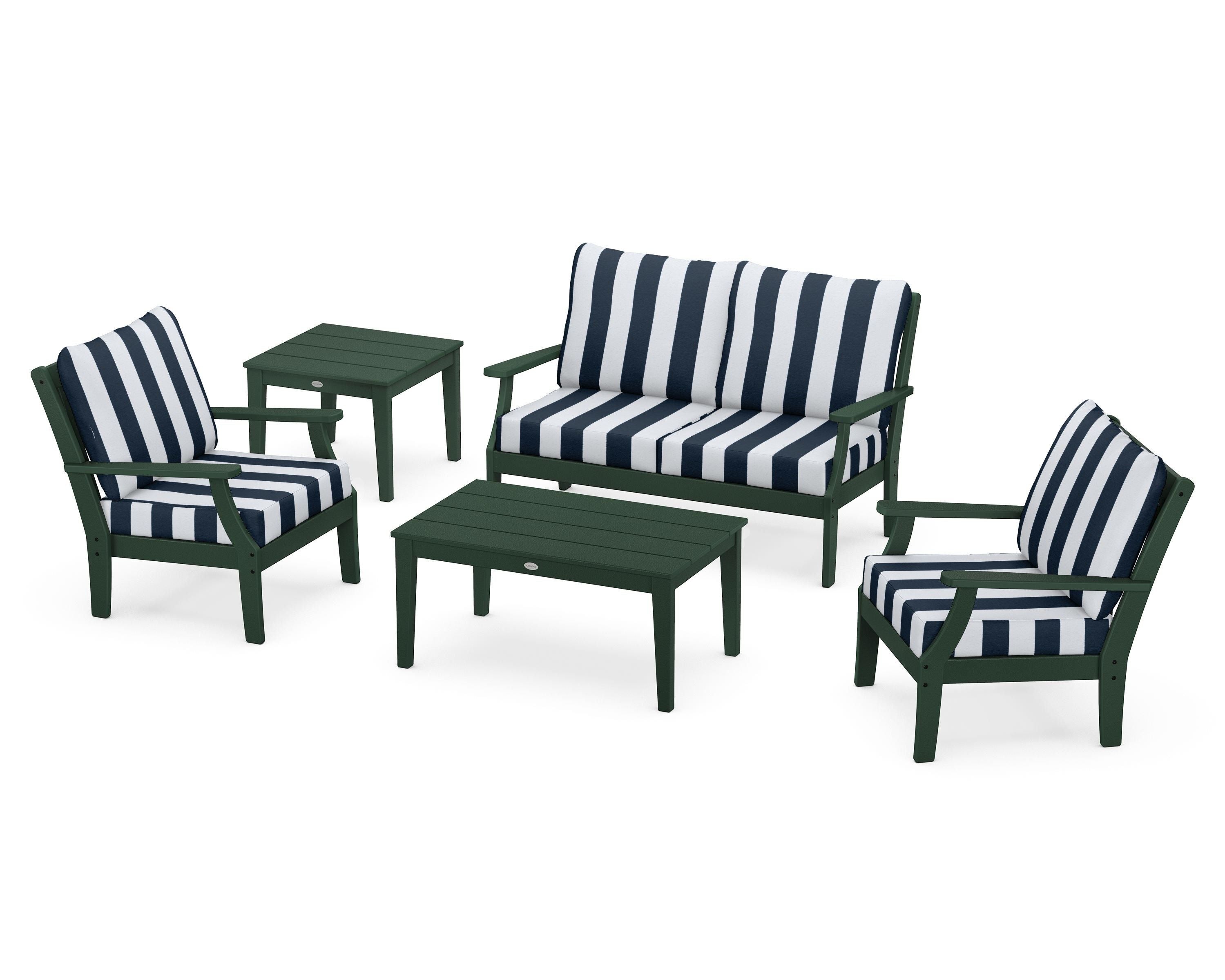POLYWOOD® Braxton 5-Piece Deep Seating Set in Green / Cabana Stripe Marine Indigo