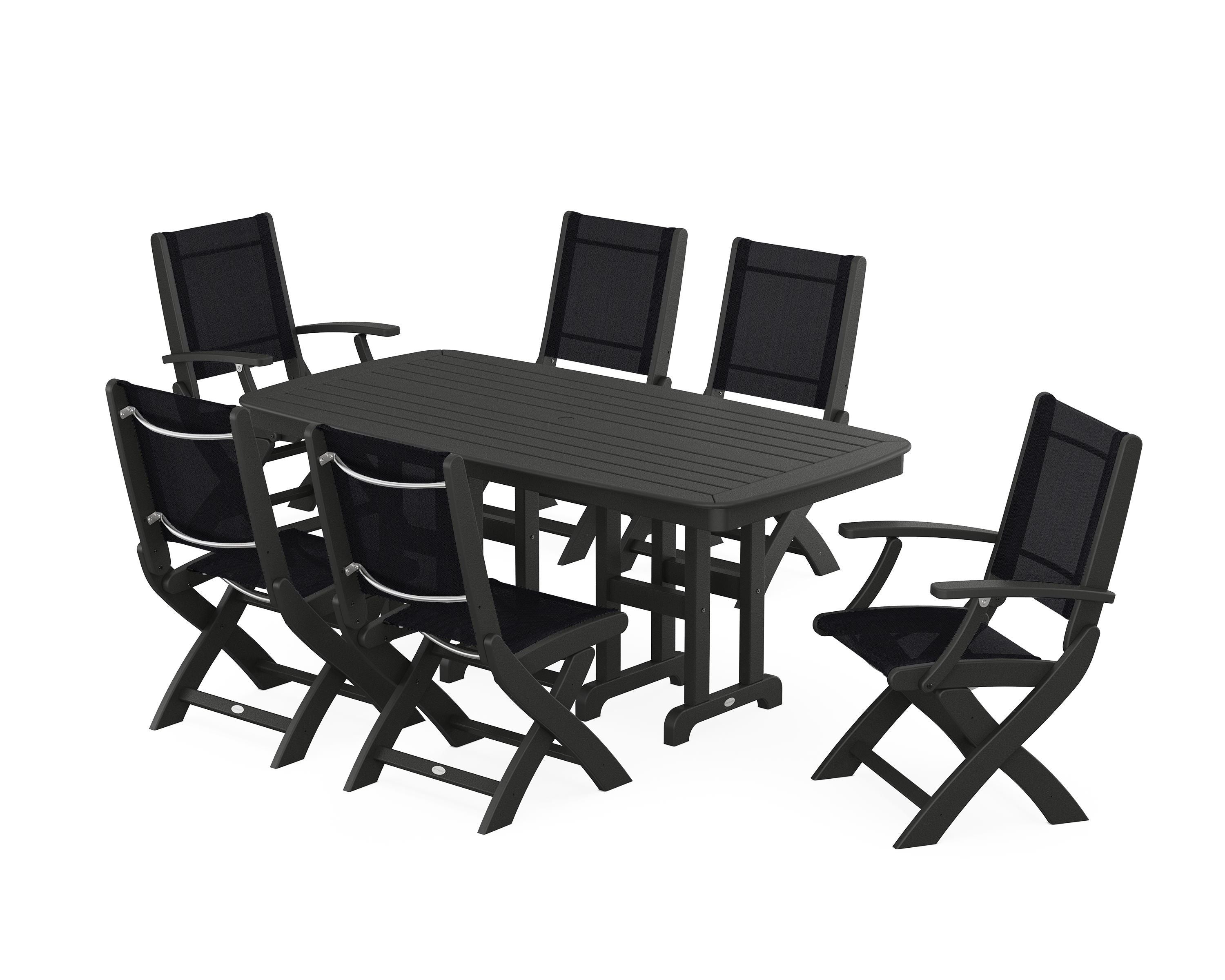 POLYWOOD® Coastal Folding Chair 7-Piece Dining Set in Black / Black Sling