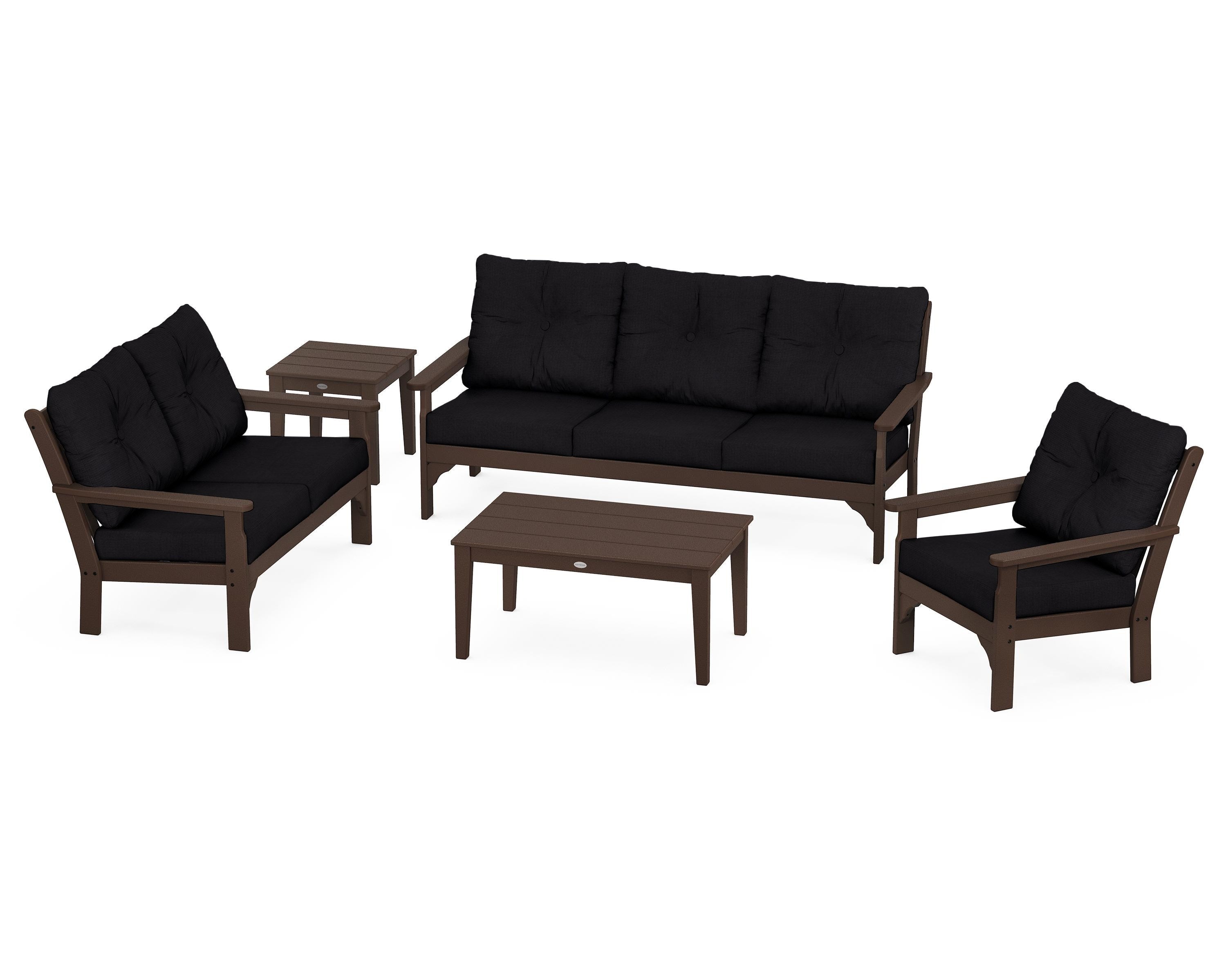 POLYWOOD® Vineyard 5 Piece Deep Seating Set in Mahogany / Midnight Linen
