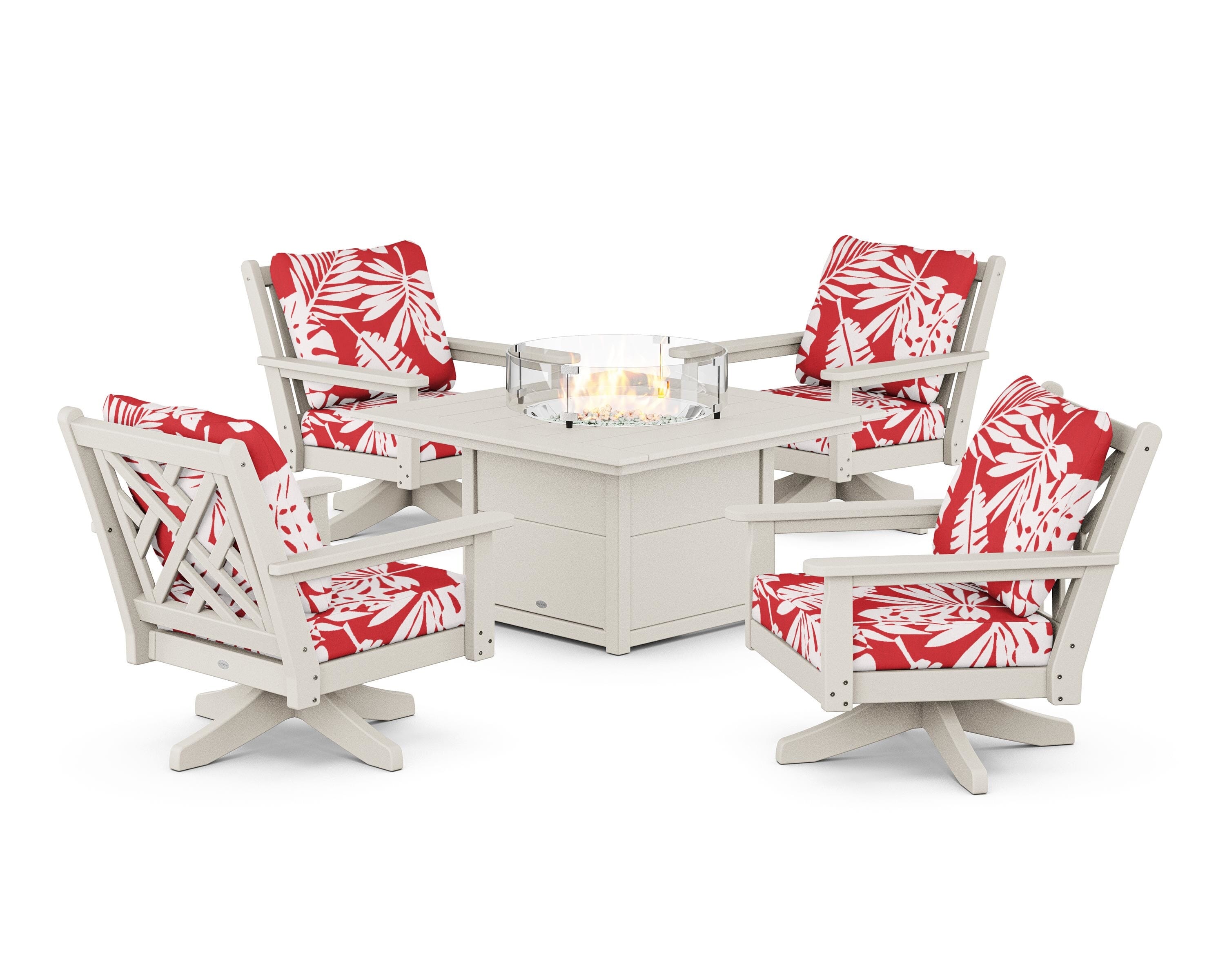 POLYWOOD® Chippendale 5-Piece Deep Seating Swivel Conversation Set with Fire Pit Table in Sand / Leaf Crimson