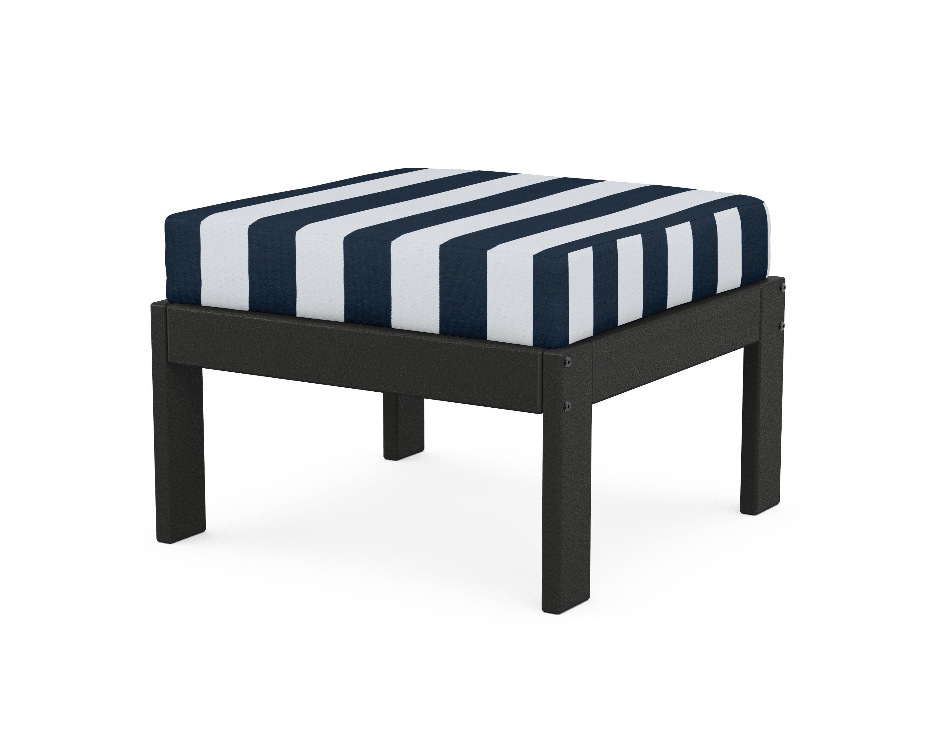 POLYWOOD® Vineyard Modular Ottoman in Black / Cabana Stripe Marine Indigo