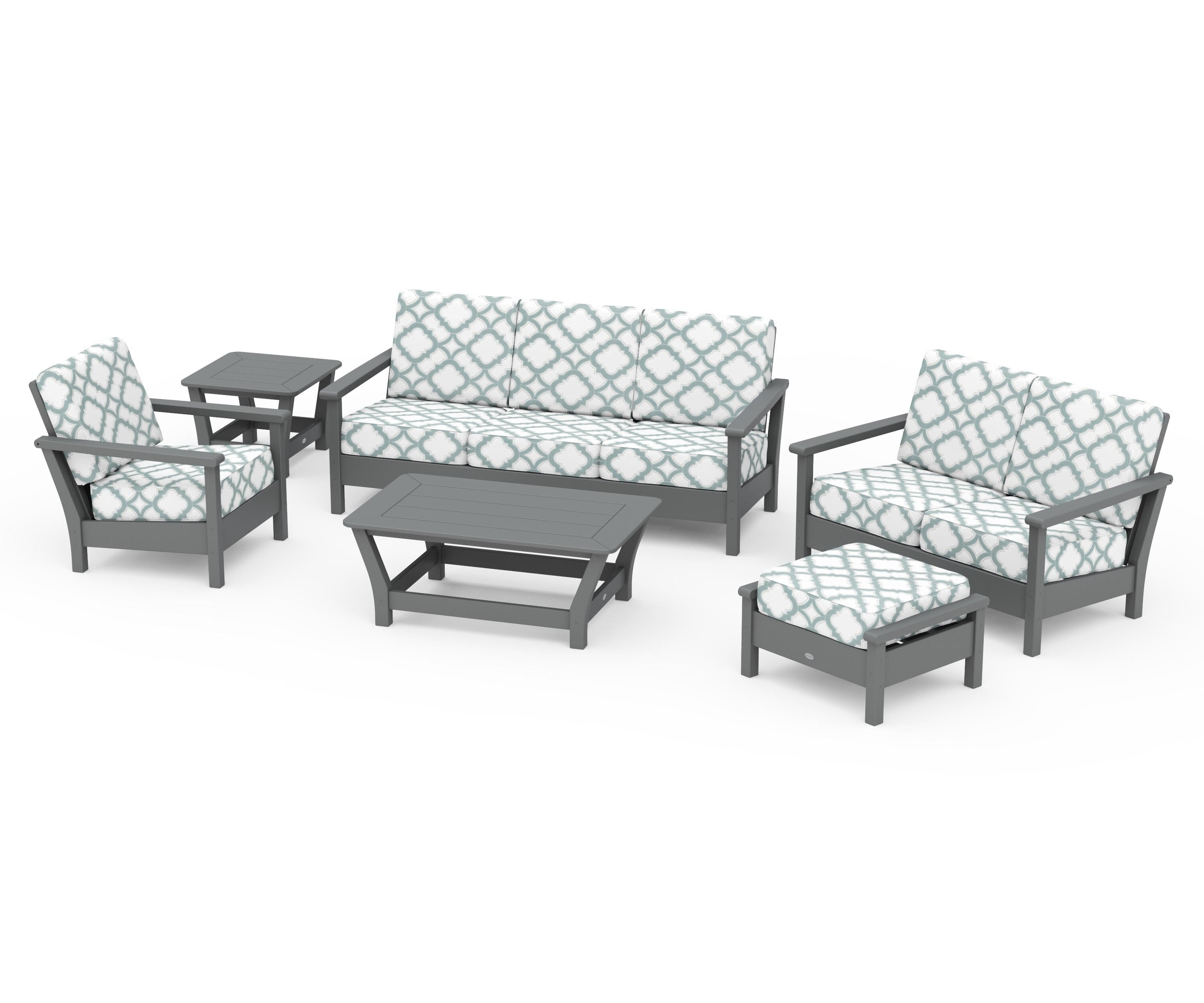 POLYWOOD® Harbour 6-Piece Outdoor Living Set in Slate Grey / Trellis Glacier Spa