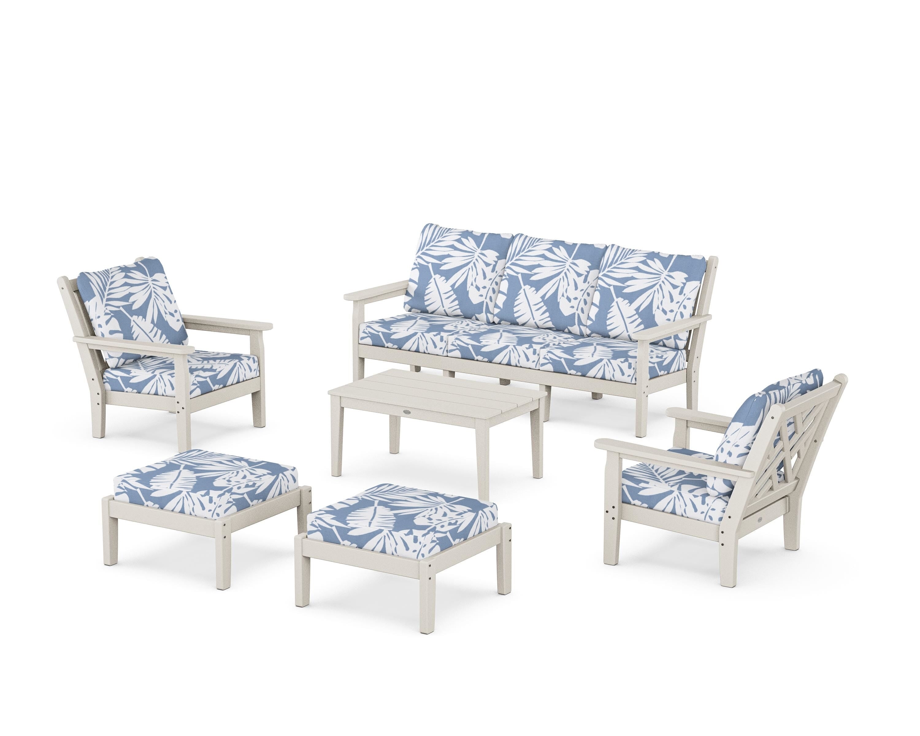 POLYWOOD® Chippendale 6-Piece Lounge Sofa Set in Sand / Leaf Sky Blue