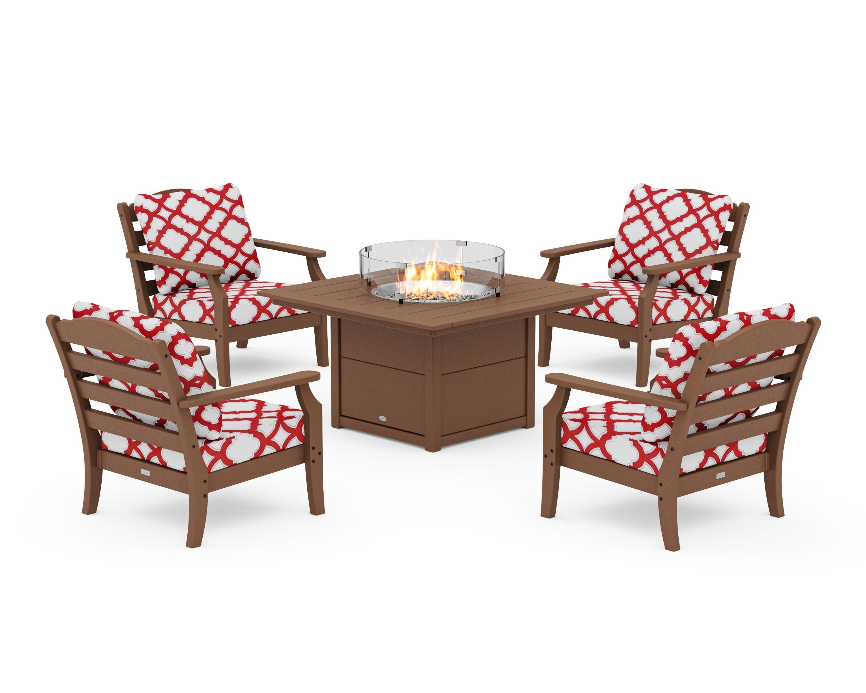 Draper James™ by POLYWOOD® Savannah 5-Piece Deep Seating Set with Fire Pit Table in Teak / Trellis Crimson