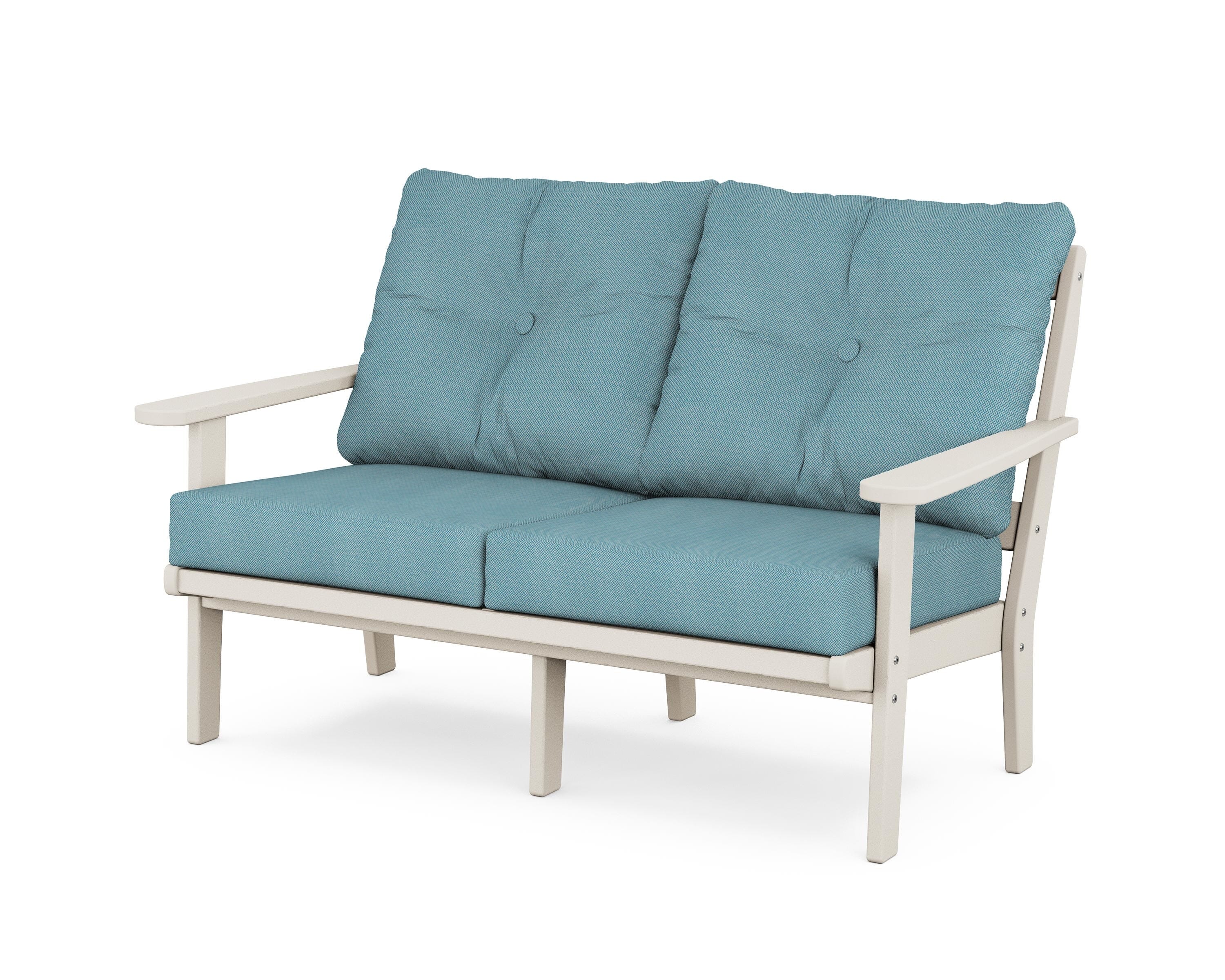 POLYWOOD® Mission Deep Seating Loveseat in Sand / Lattice Sky Blue