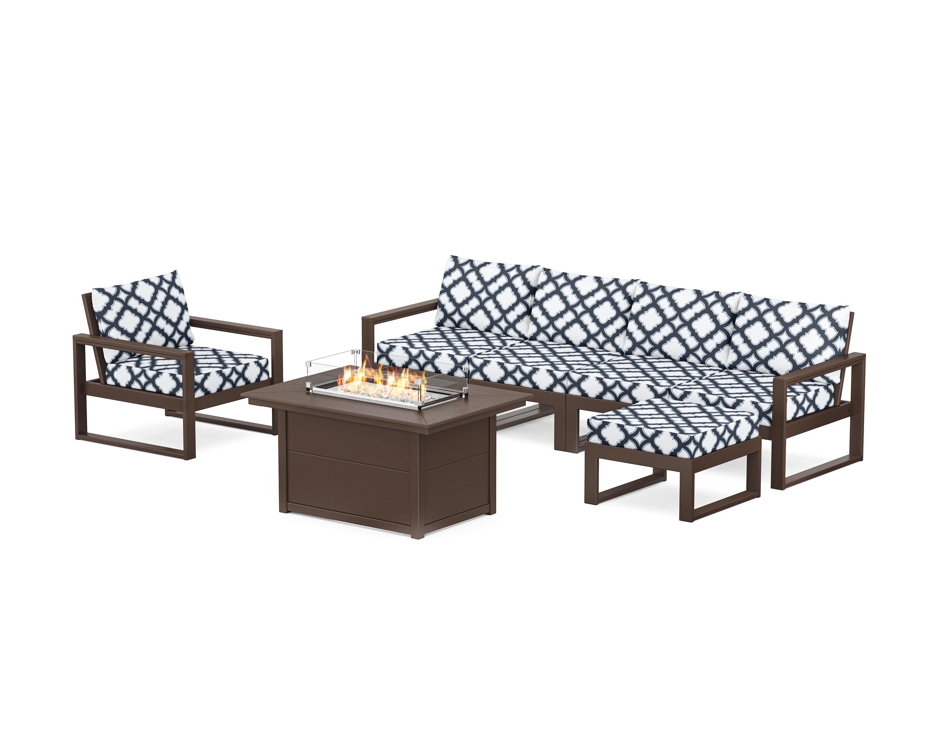 POLYWOOD® EDGE Sectional Lounge and Fire Pit Set in Mahogany / Trellis Marine Indigo