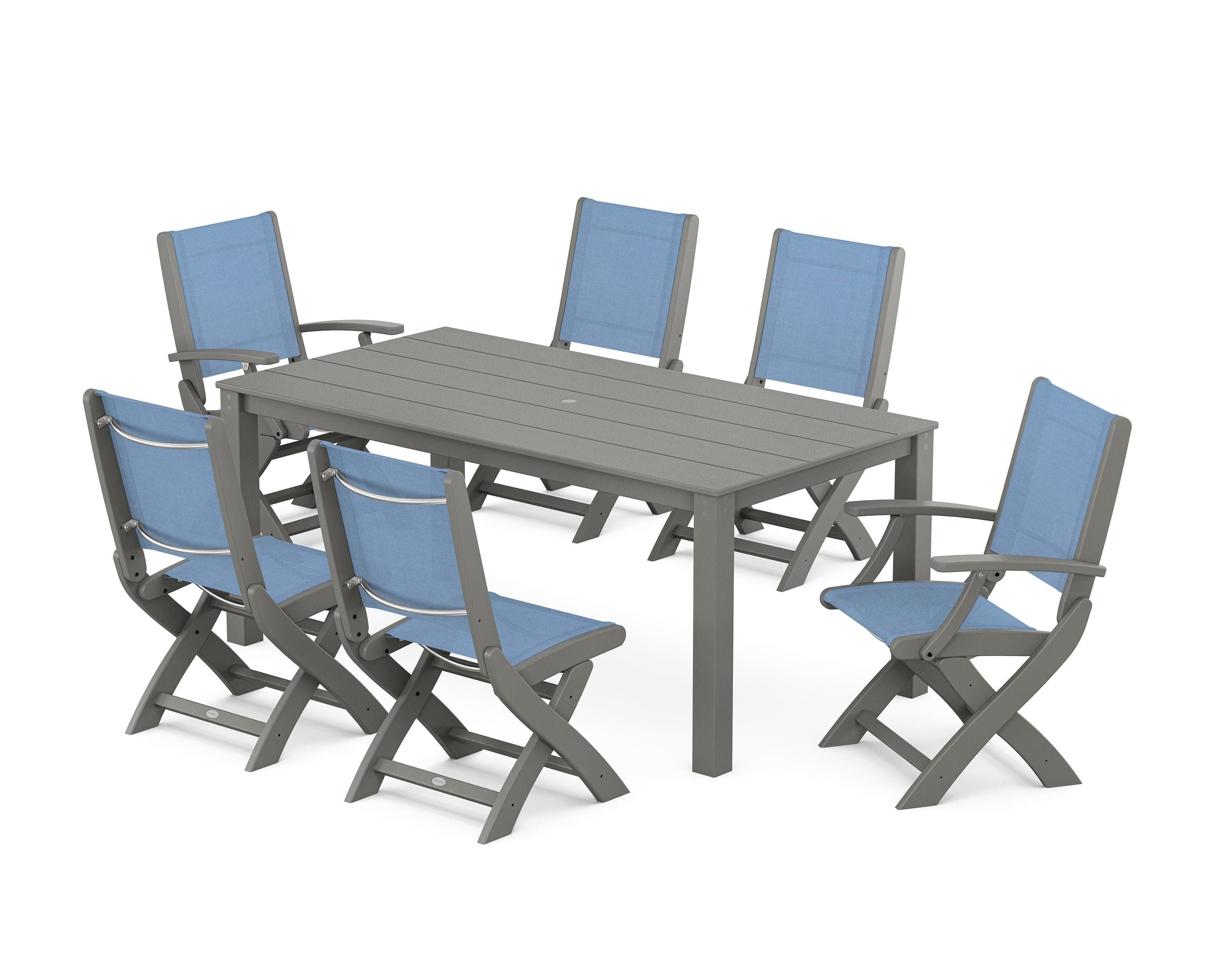 POLYWOOD® Coastal Folding Chair 7-Piece Parsons Dining Set in Slate Grey / Poolside Sling