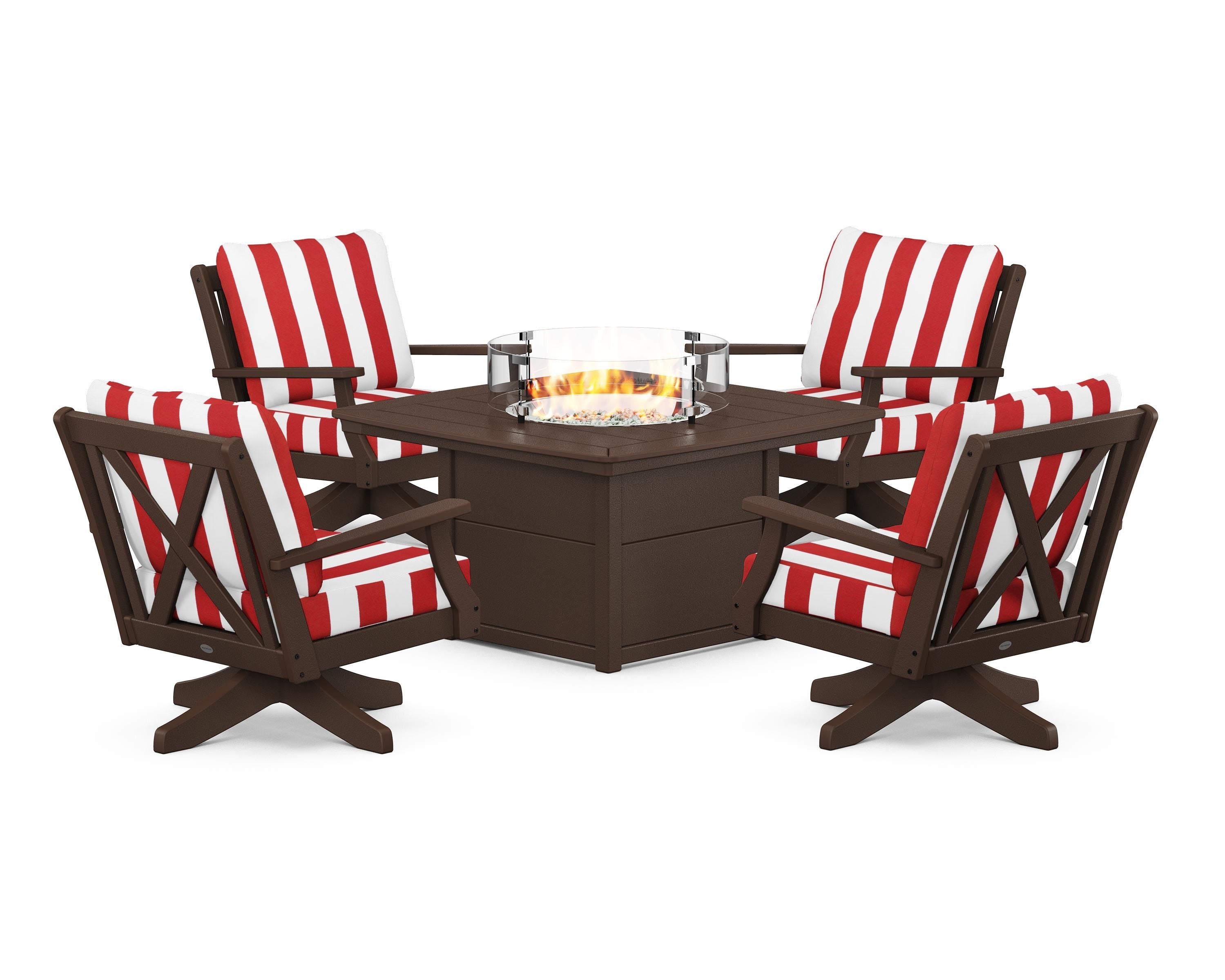 POLYWOOD® Braxton 5-Piece Deep Seating Swivel Conversation Set with Fire Pit Table in Mahogany / Cabana Stripe Crimson