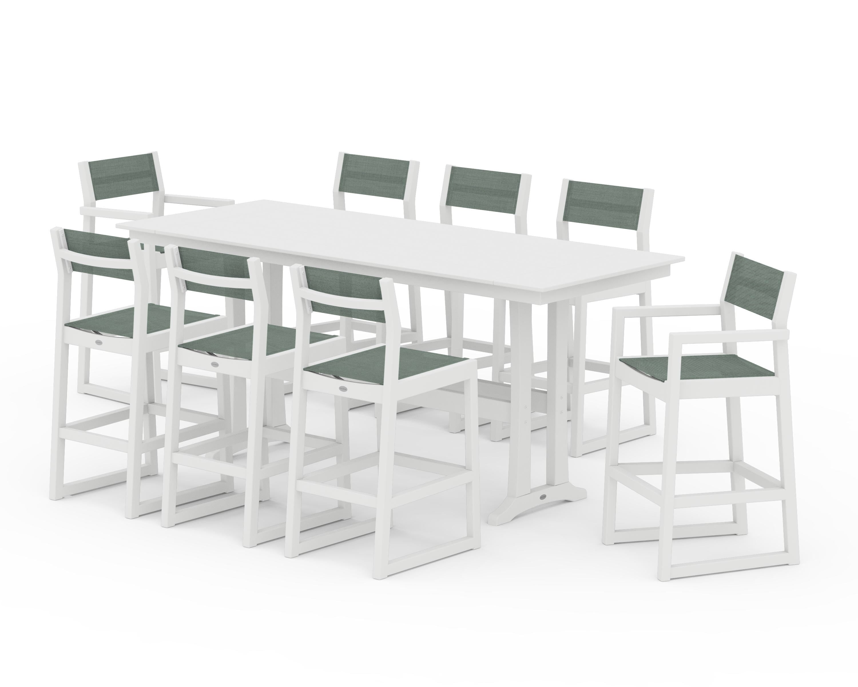 POLYWOOD® EDGE Sling 9-Piece Farmhouse Bar Set with Trestle Legs in White / Dupioni Sea Mist Sling