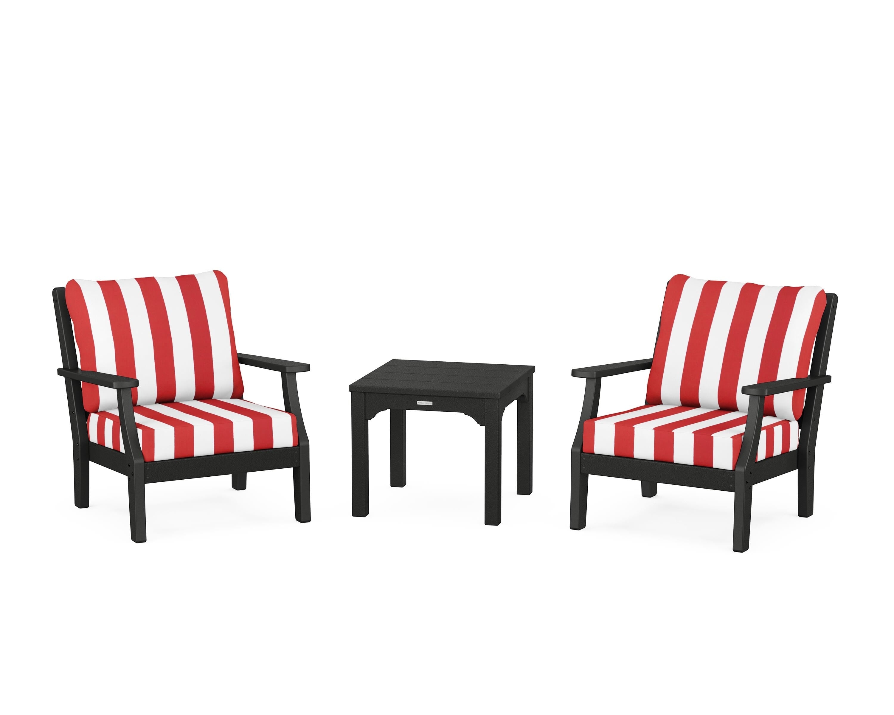 Martha Stewart by POLYWOOD® Chinoiserie 3-Piece Deep Seating Set in Black / Cabana Stripe Crimson