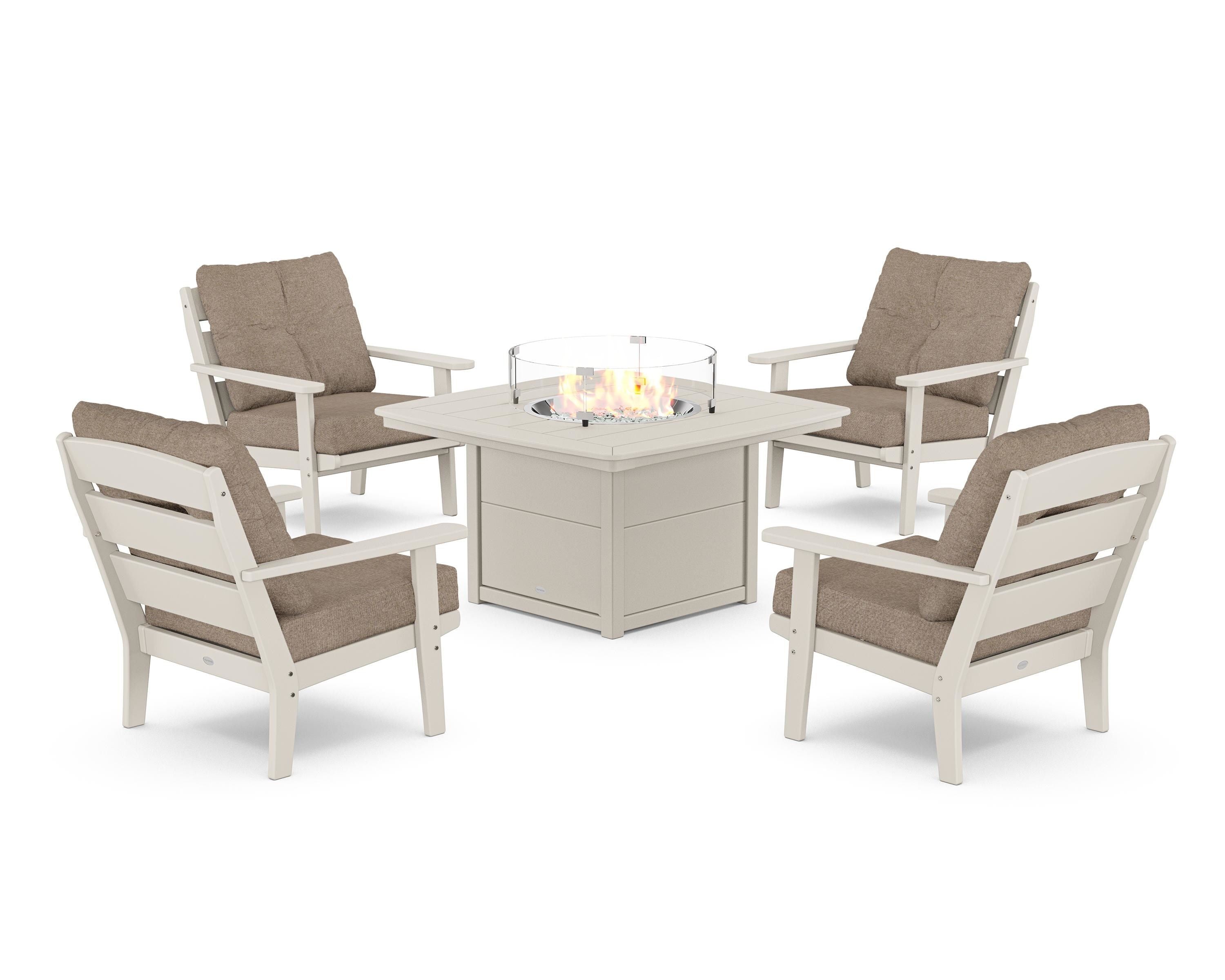 POLYWOOD® Lakeside 5-Piece Deep Seating Set with Nautical Fire Pit Table in Sand / Spiced Burlap