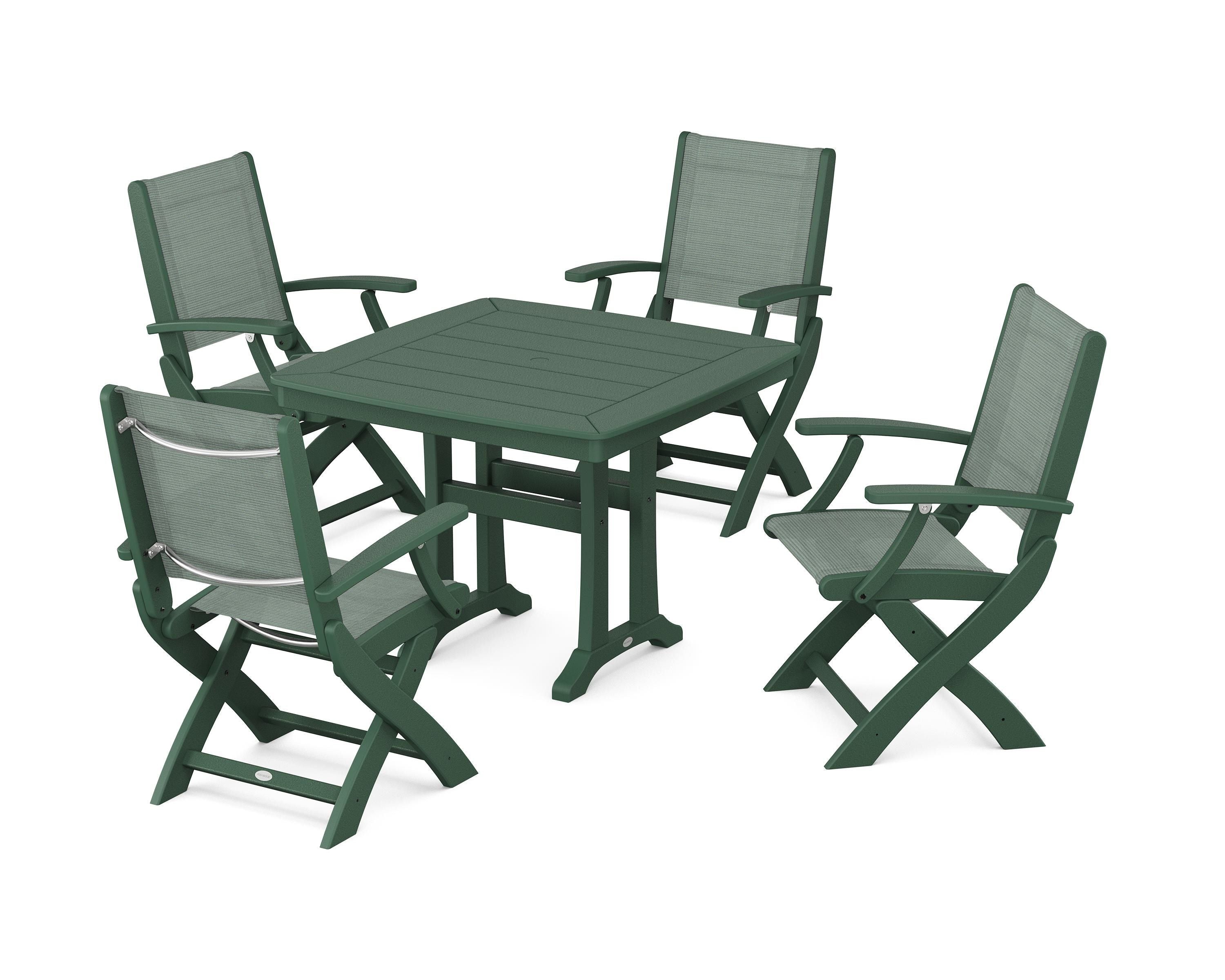 POLYWOOD® Coastal Folding Chair 5-Piece Dining Set with Trestle Legs in Green / Dupioni Sea Mist Sling