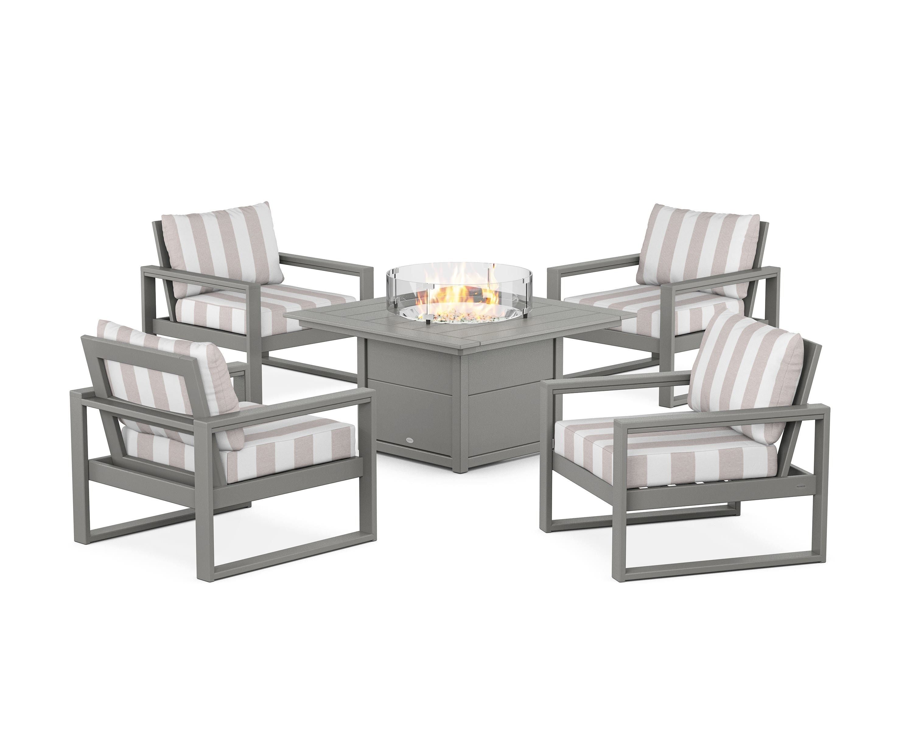 POLYWOOD® EDGE Sectional 5-Piece Deep Seating Set with Fire Pit Table in Slate Grey / Cabana Stripe Dune Burlap