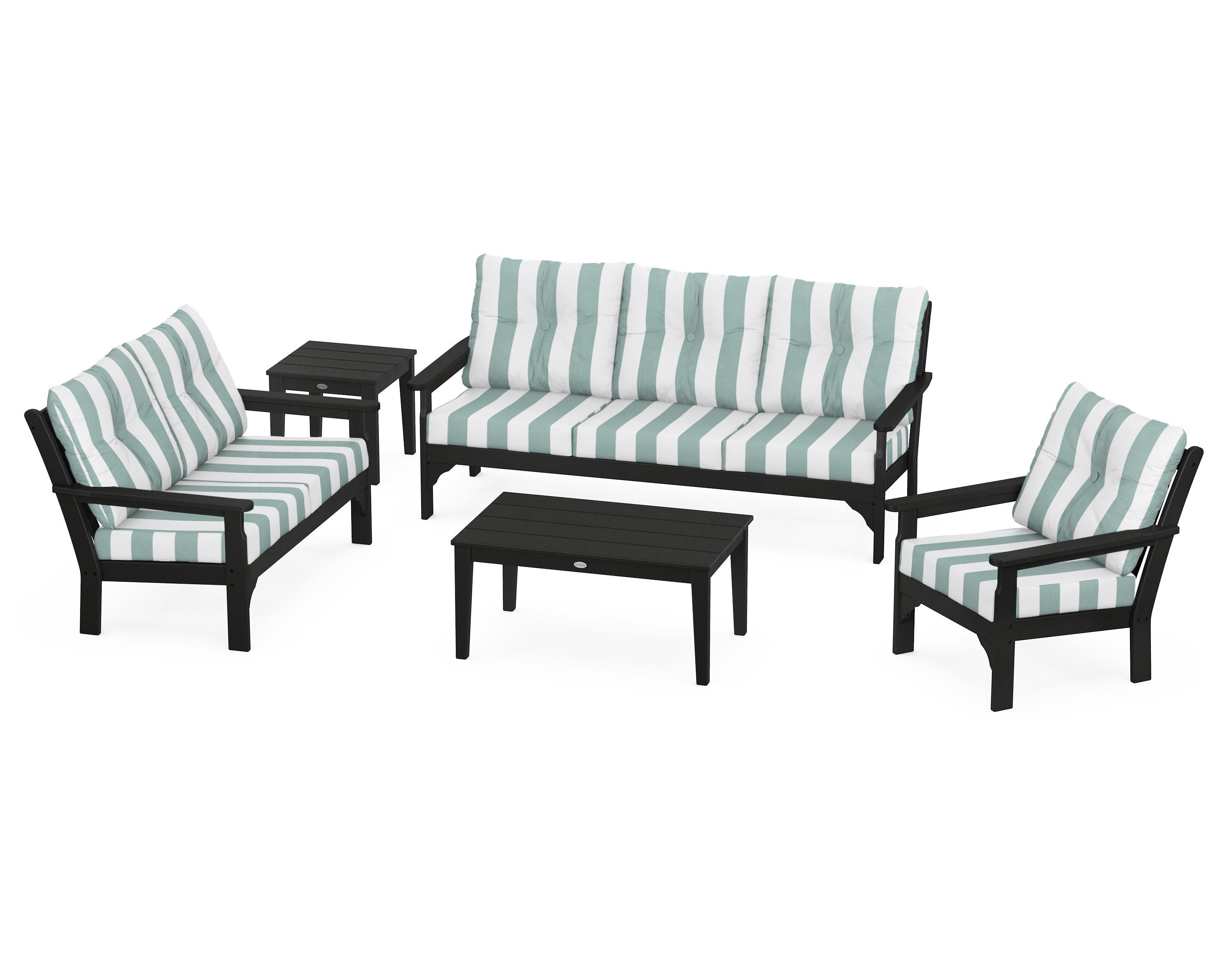 POLYWOOD® Vineyard 5 Piece Deep Seating Set in Black / Cabana Stripe Glacier Spa