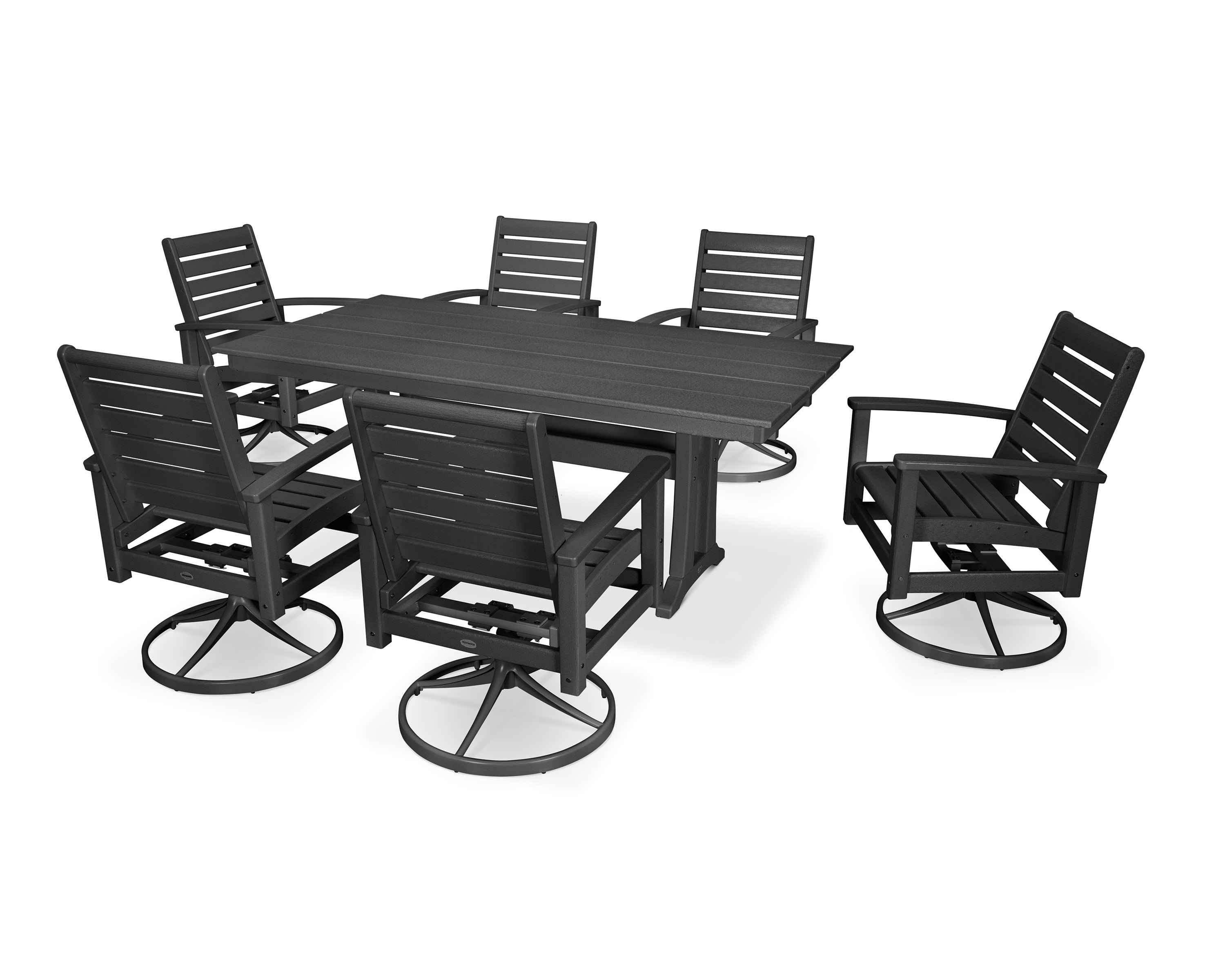 POLYWOOD® 7 Piece Signature Swivel Rocker Dining Set in Textured Black / Black