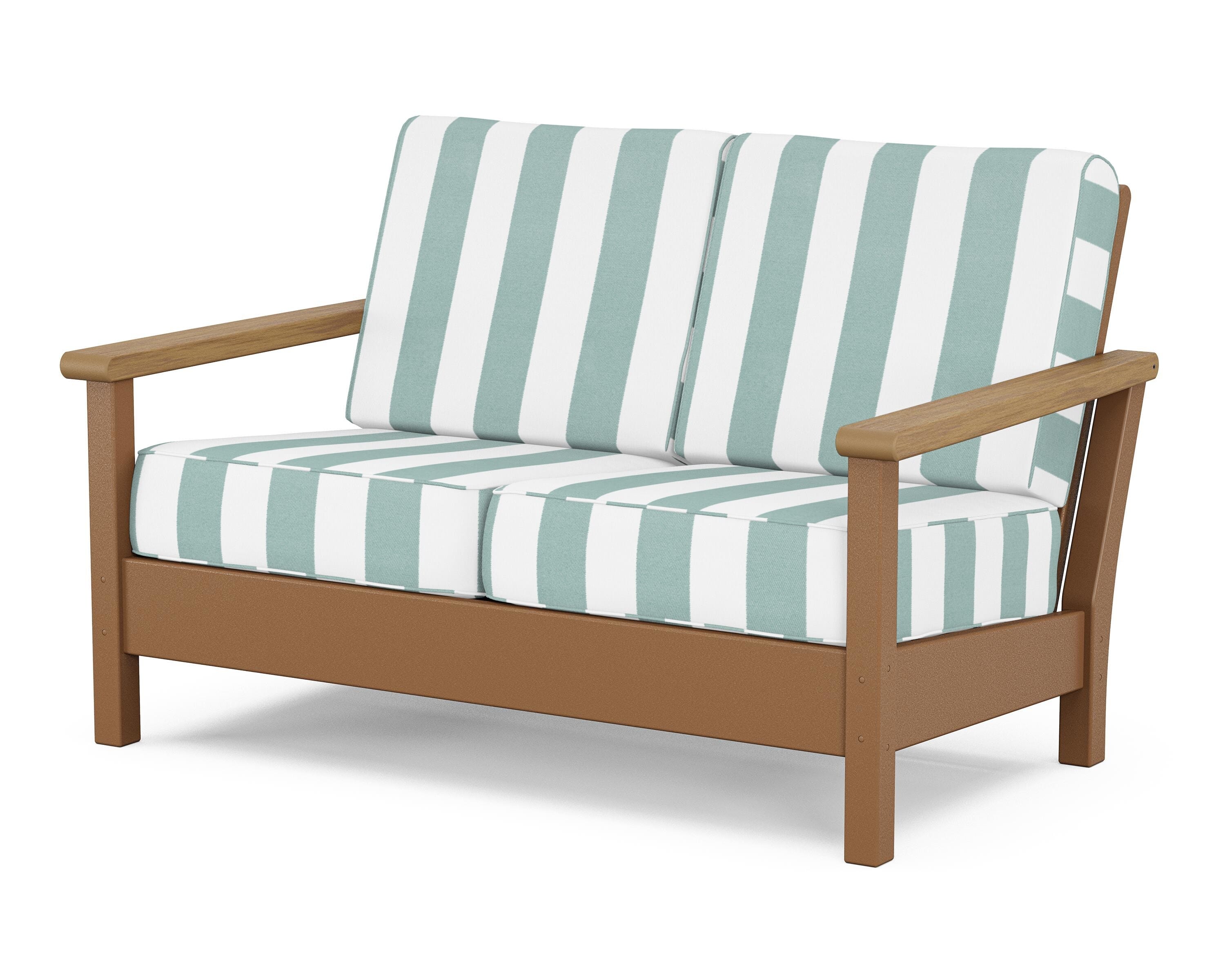 POLYWOOD® Harbour Deep Seating Loveseat in Teak / Natural / Cabana Stripe Glacier Spa