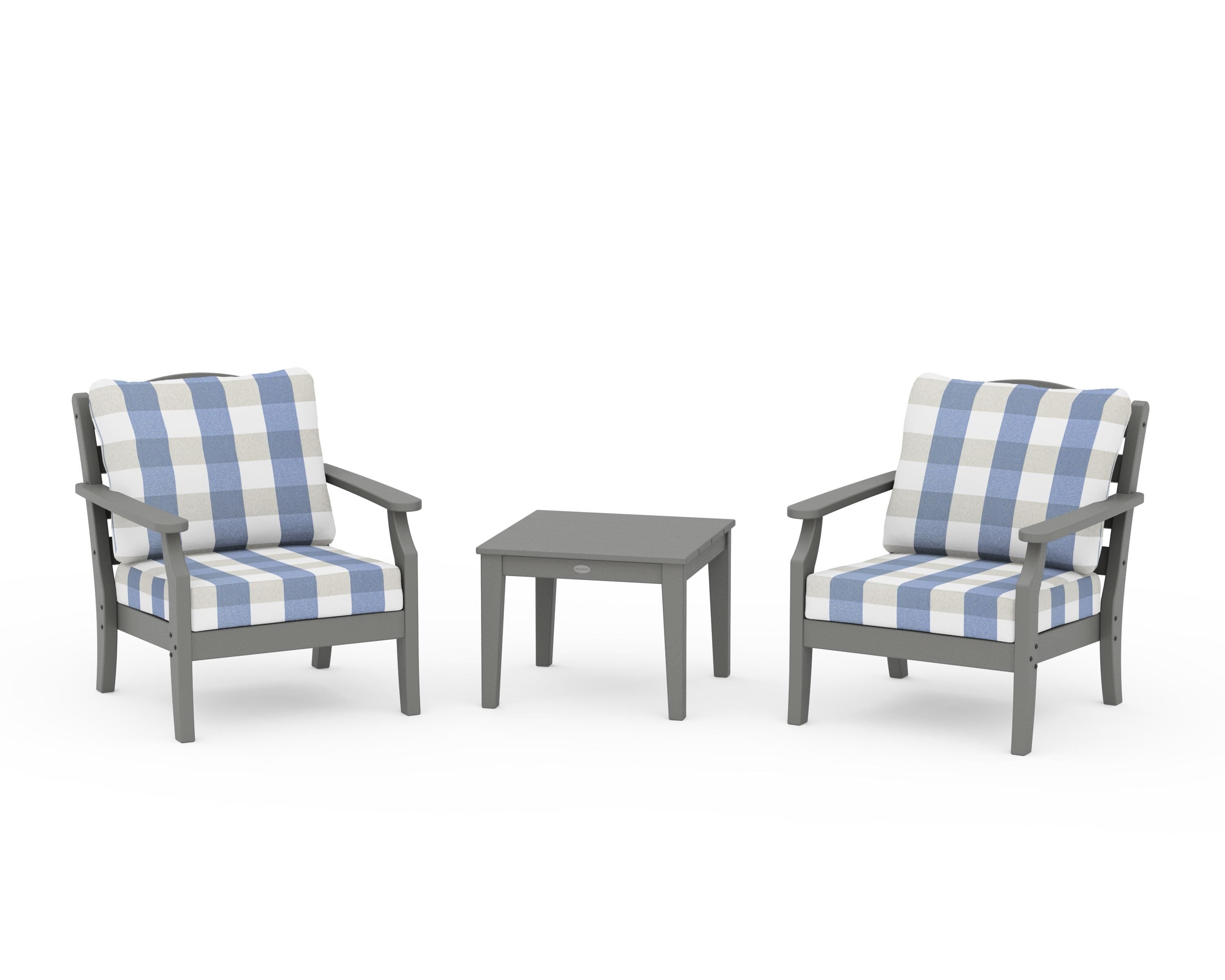 Draper James™ by POLYWOOD® Savannah 3-Piece Deep Seating Set in Slate Grey / Buffalo Plaid Sky Blue