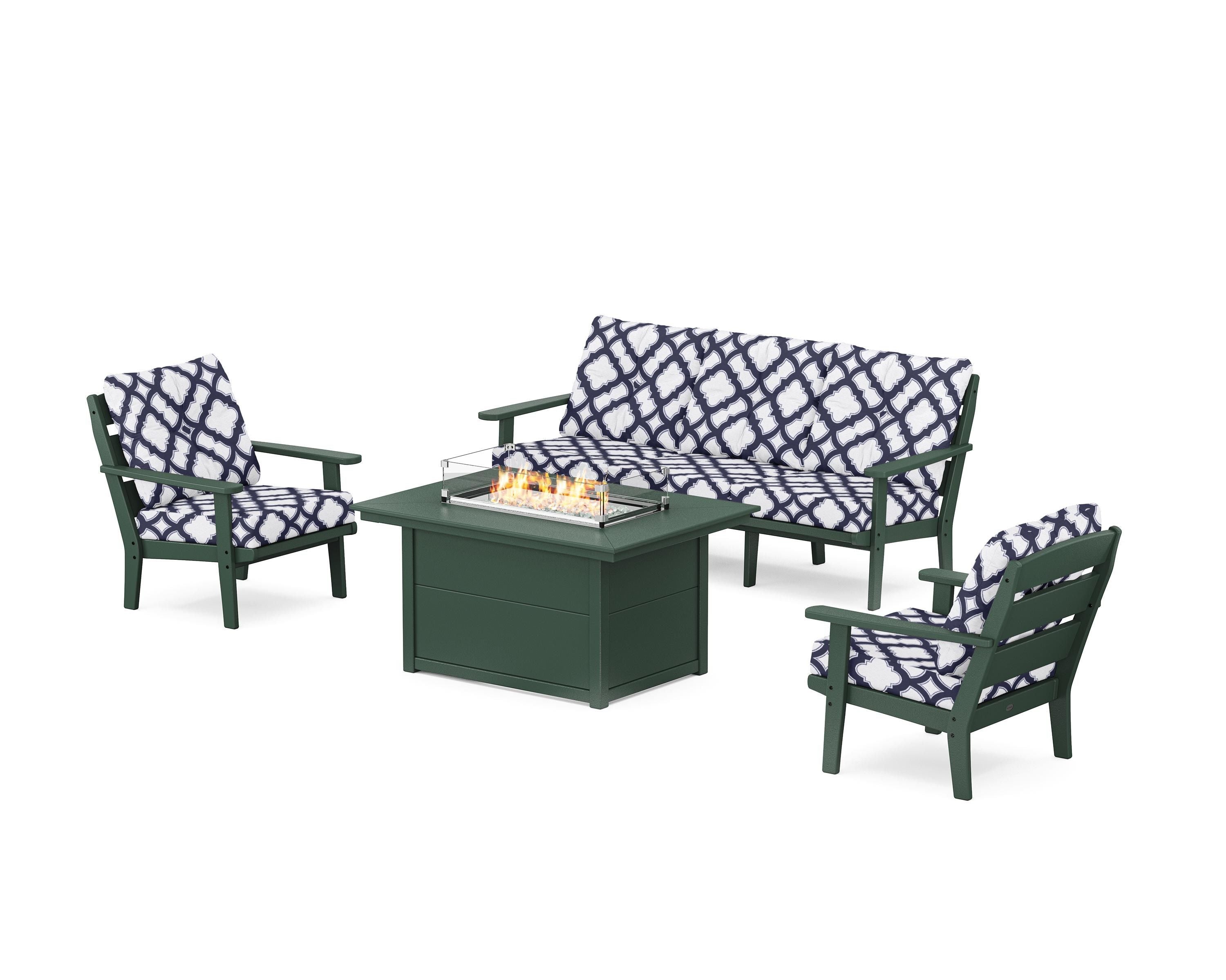 POLYWOOD® Lakeside Deep Seating Fire Pit Table Set in Green / Trellis Navy