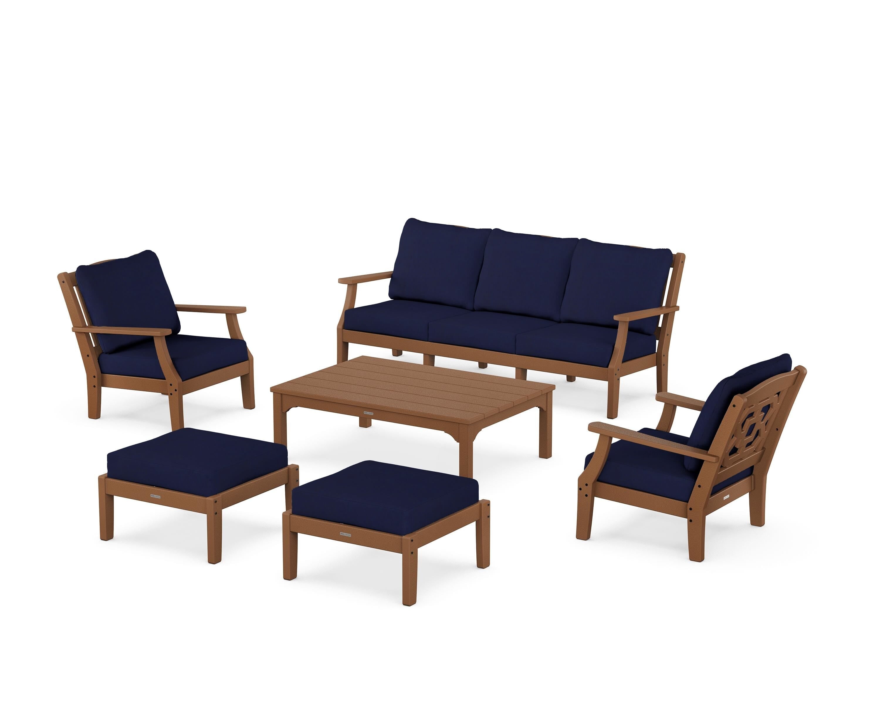 Martha Stewart by POLYWOOD® Chinoiserie 6-Piece Lounge Sofa Set in Teak / Navy